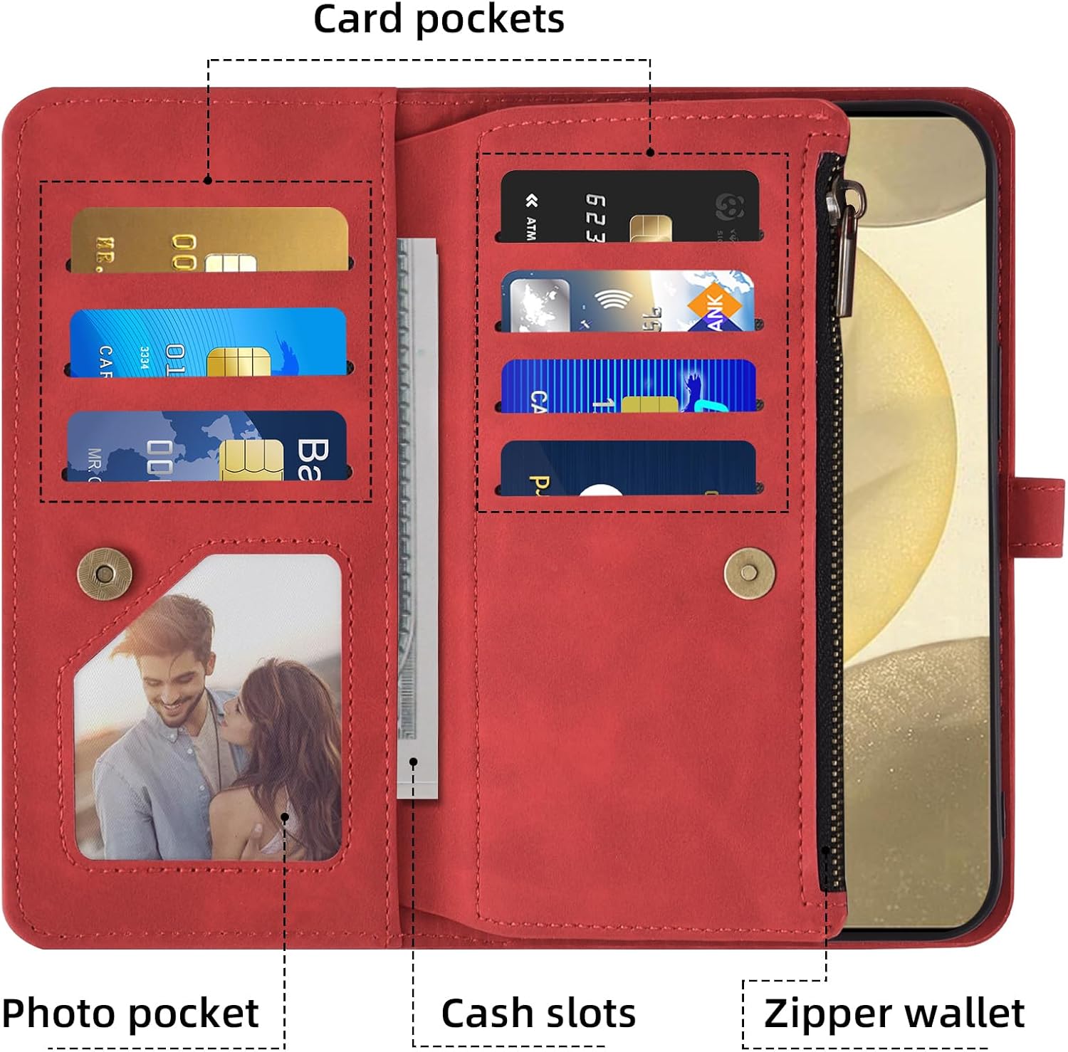 Phone Case for Samsung Galaxy S24 5G Wallet Cover With Tempered Glass Screen Protector Crossbody Wrist Strap Leather Flip Pattern Zipper Credit Card Holder Stand Cell S 24 24S G5 2024, 6.2 inch Red