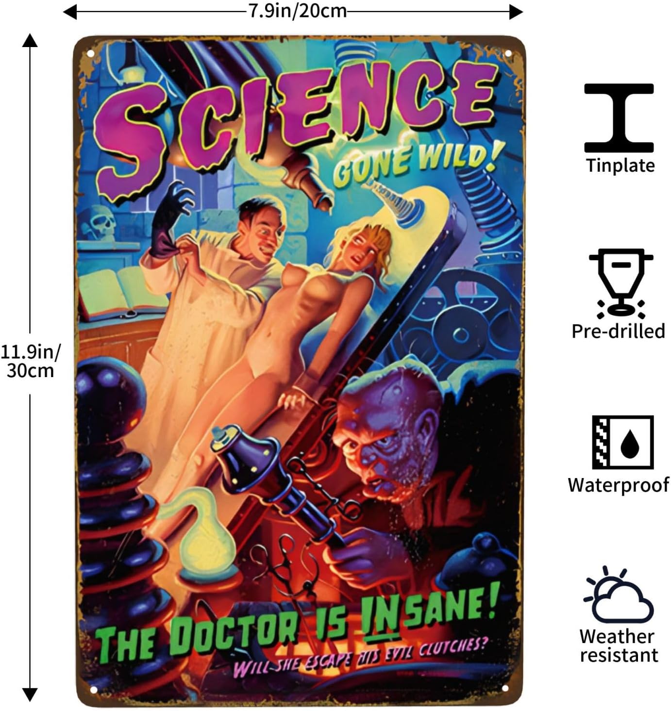 Science Gone Wild Pin Up Girl Vintage Metal Sign, Retro Tin Sign Sexy Girl Poster for Man Cave Bar Garage Pubs Hotel Wall Art Decor 8 x 12 Inch