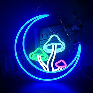 Moon Mushroom Neon Sign Blue Moon Neon Lights for Wall Decor Mushroom Light Up Signs USB LED Signs for Girls room Living Room Kids Room Home Bar Party Shop