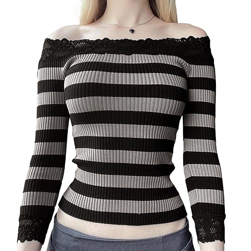 Women's Y2K Long Sleeve Striped Shirt Vintage Lace Patchwork Off Shoulder Slim Fit T-Shirt Fairy Grunge Clothes - Small - Black