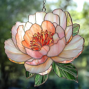 Peony November Birth Month Flower Acrylic Suncatcher Size 4 inches, Flower Sun Catchers for Window Hanging, Stained Glass Effect Garden Decor, Gift for Mothers Day, Mom, Grandma, Wife, Women