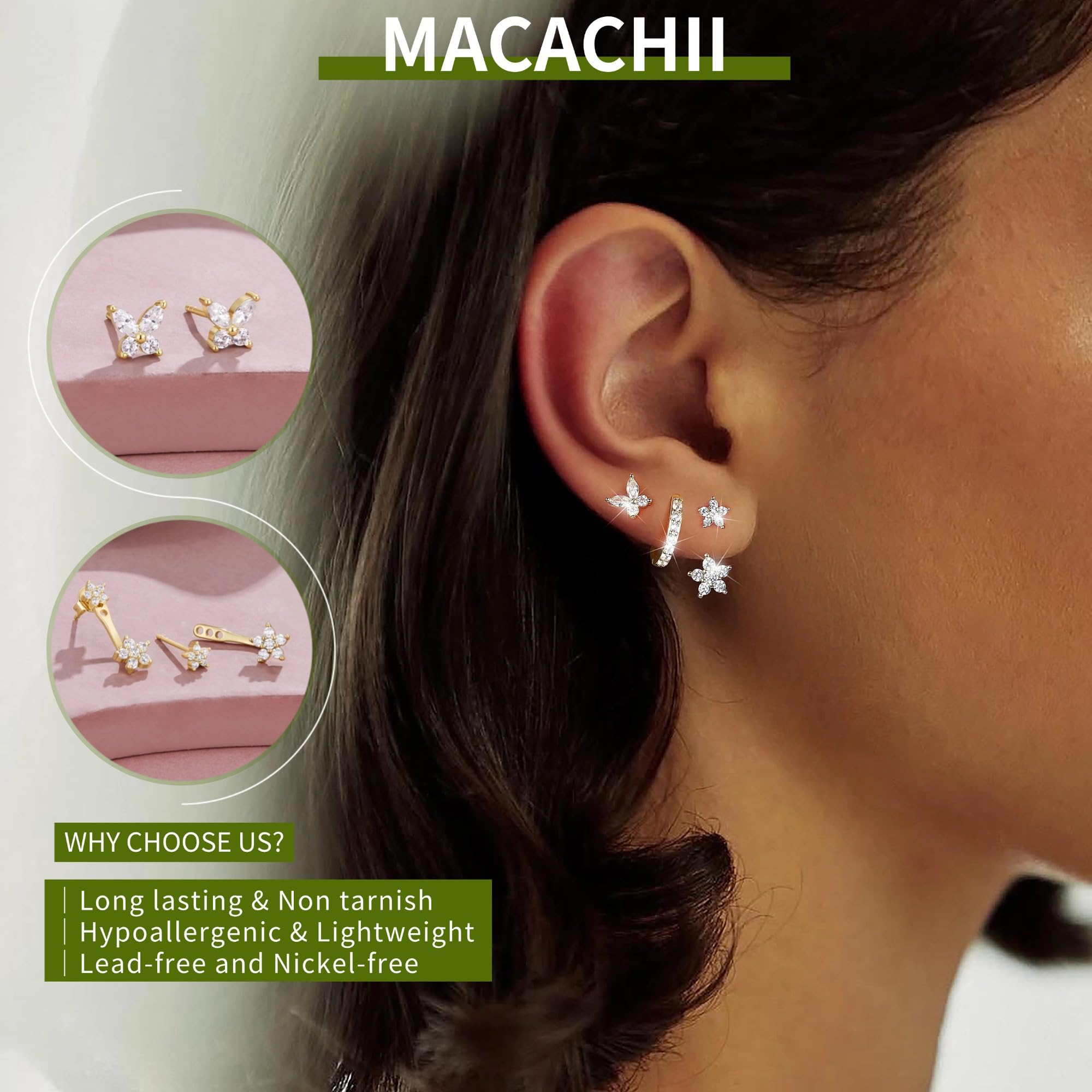 MACACHII Orecchini Donna Argento 925 Placcati Oro 14K - Set 3 Paia Orecchini a Lobo, Cerchio, Helix - Anallergici, Idee Regalo Gioielli per Piercing Multipli