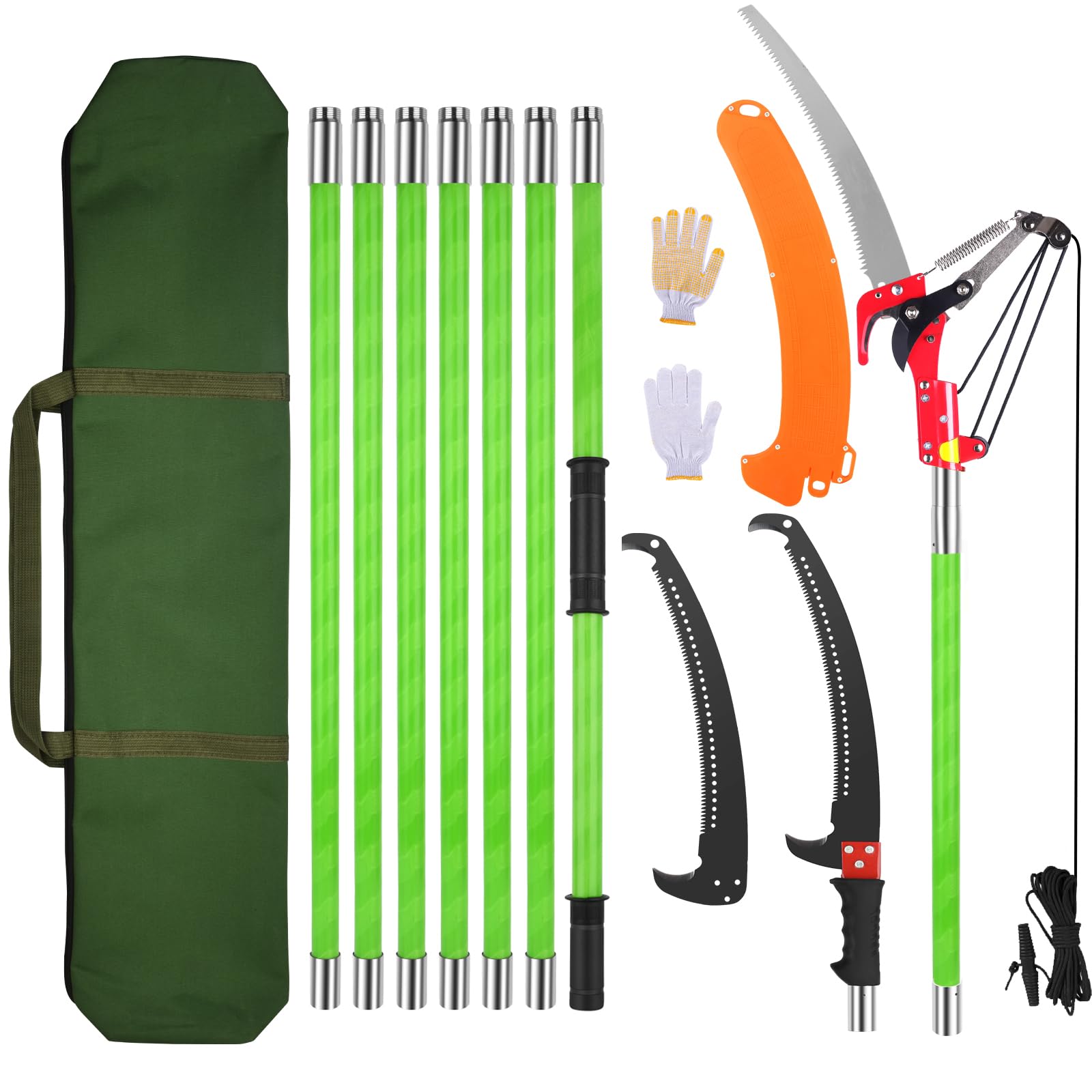 Coupe Branche Télescopique 8m: Scie Telescopique Elaguer 2 en 1,7 Manche Télescopique | 2 Lames de Scie | Sac de Transport, Scie d'élagage Pour Élagage Palmiers Arbustes (Vert)