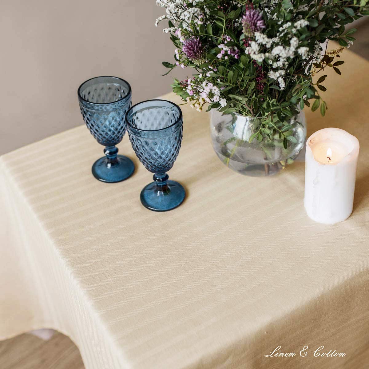 LINEN & COTTON Tovaglia da Tavola Elegante Jasmine - 48% Lino, 52% Cotone, Crema/Rosa Cipria (150 x 350 cm) Tovaglia Rettangolare Grande Lunga per Matrimonio Banchetto Compleanno Ristorante Albergo