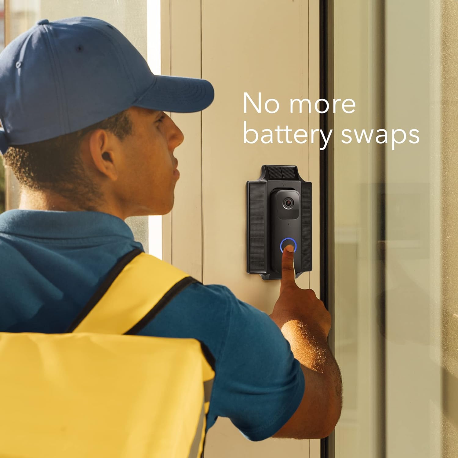 Blink Video Doorbell in Wasserstein Solar Charger, covered in raindrops, demonstrating its weatherproof design.