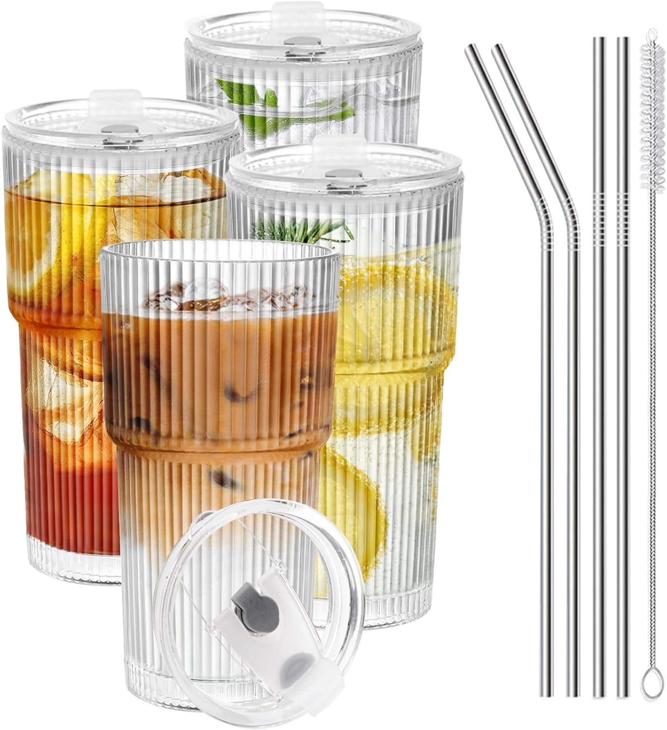 Iced Coffee Cups with Lids and Straws, 20 OZ Glass Tumbler with Straw and Lid, Clear Ribbed Glass Cups Reusable to Go Coffee Tumbler for Matcha, Smoothie, Cocktail,Latte, 4 Pcs