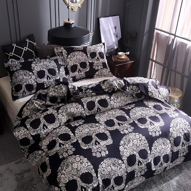 choicehot Black White Bedding Set Skull Duvet Cover Double Size Set Halloween Theme Skeleton Microfiber Double Size Quilt Cover 3 Piece (1 Duvet Cover + 2 Pillowcases)
