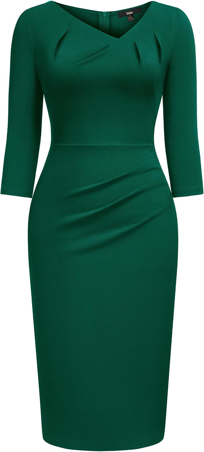Knitee Women's Retro 1950s Asymmetrical V Neck 3/4 Sleeve Slim Work Pencil Dress