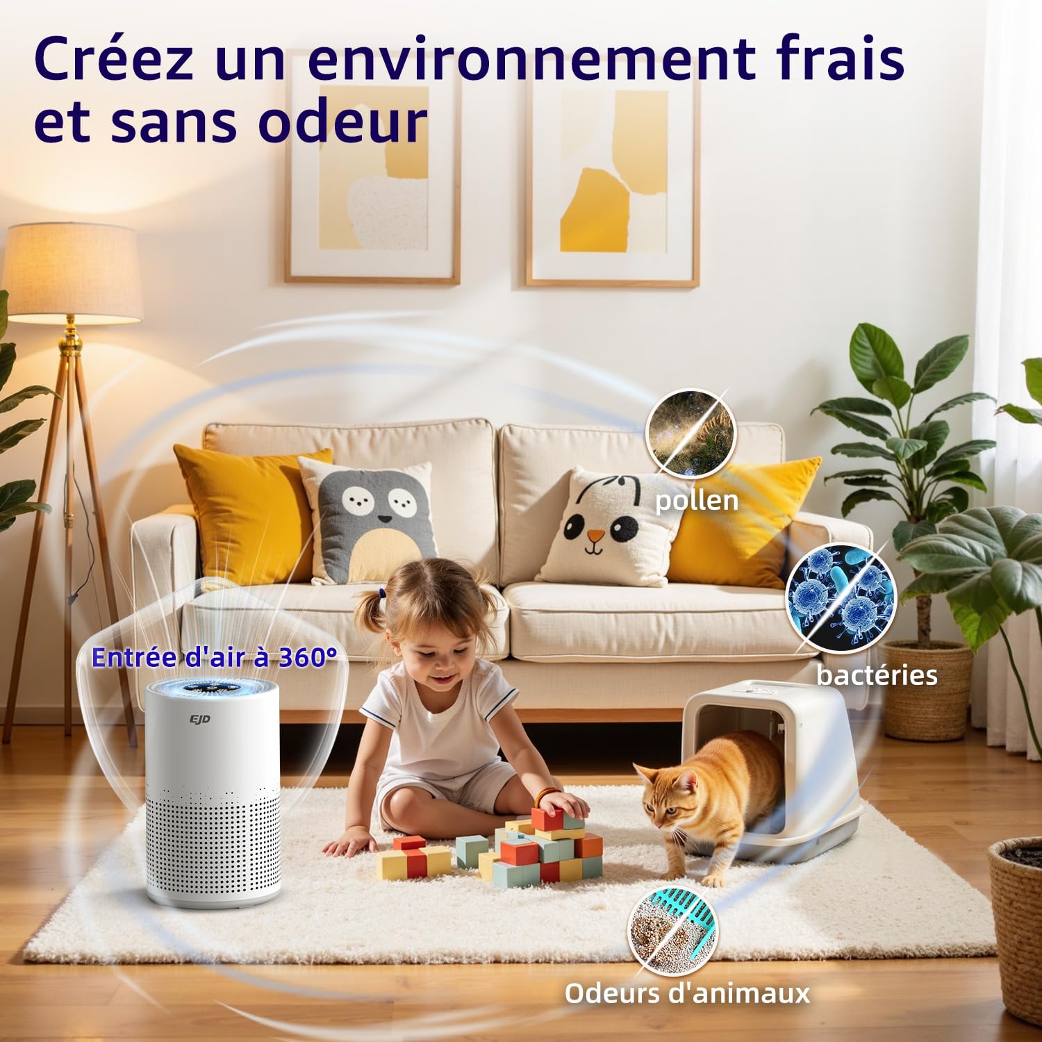 Purificateur d'air silencieux pour chambre à coucher, filtre HEPA H13 à 3 niveaux, 3 vitesses, mode nuit (12 dB) pour éliminer le pollen, la poussière, les squames d'animaux et les odeurs.