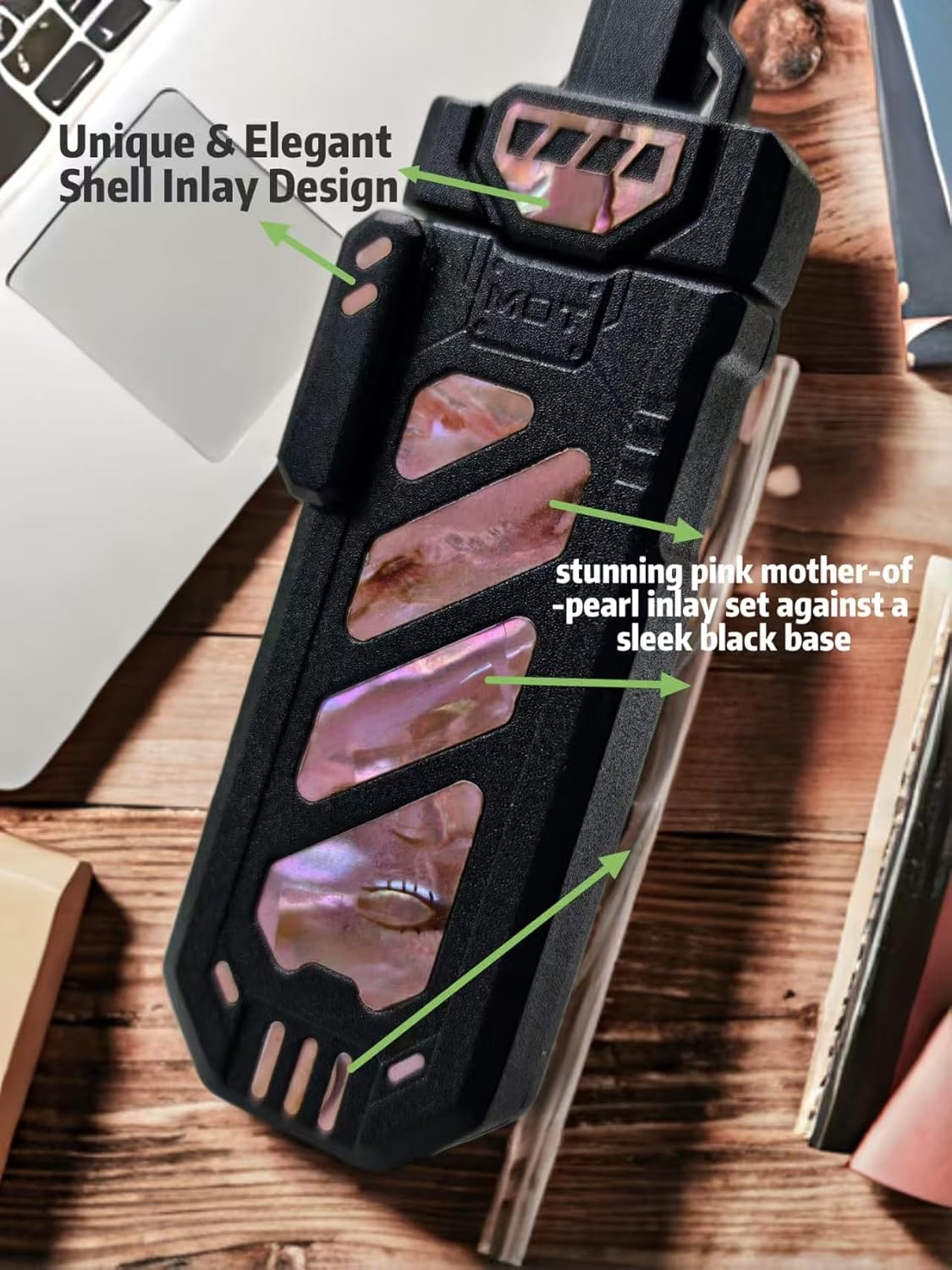 Metal Splitting Sword Fidget Slider - Zinc Alloy 6-Gear Dual Action, Tactile Click Focus Tool for Adults, Office Desk Gift w/Crisp Ejection (Black+Pink Mother-of-Pearl Inlay)