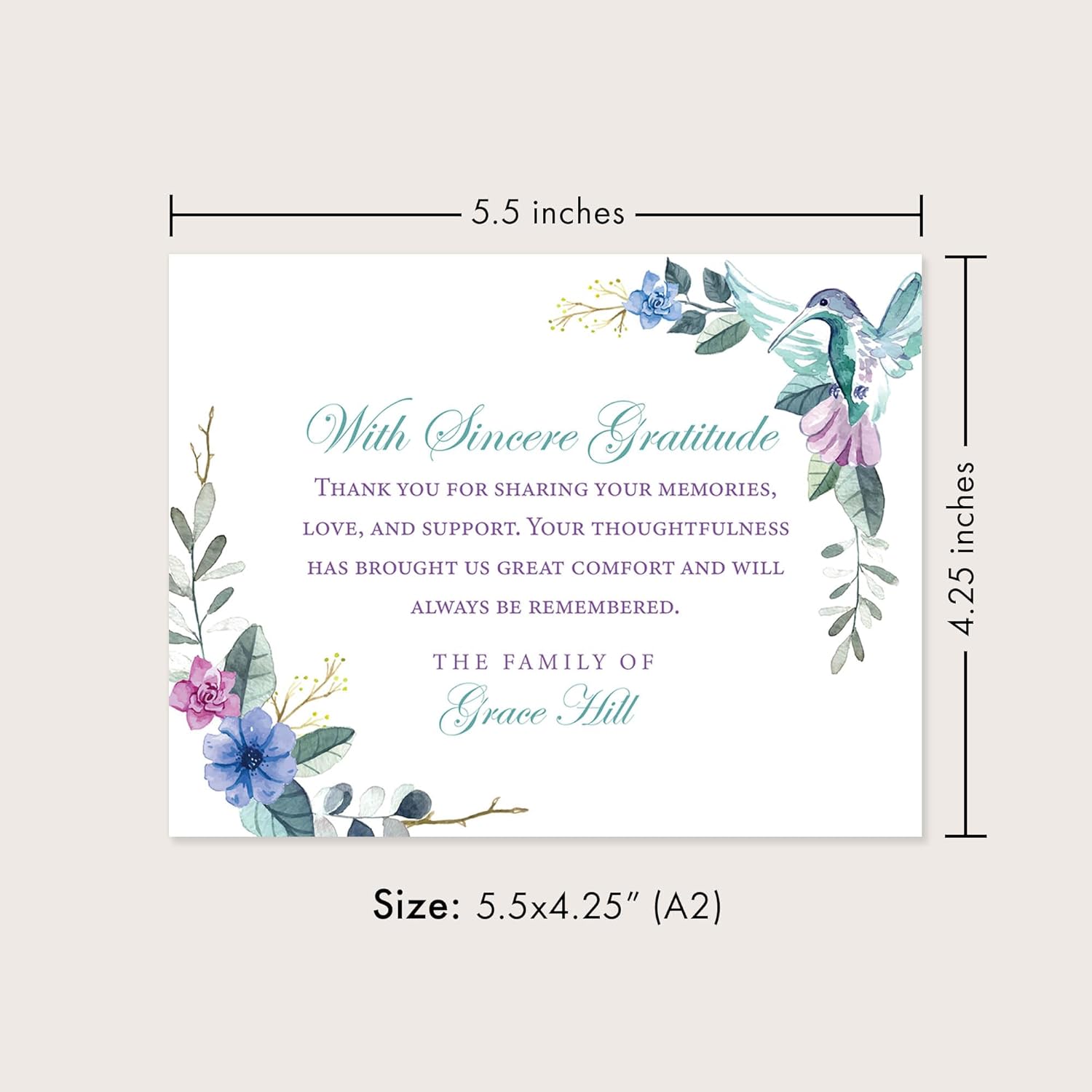 Hummingbird Personalized Sympathy Thank You Cards, 5.5x4.25 Funeral Thank You Cards, Bereavement Notes with Envelopes