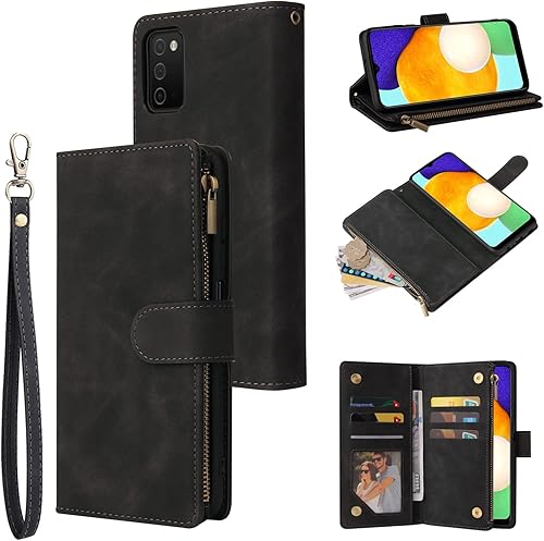 LBYZCASE Funda para Samsung Galaxy A03S con tarjetero, duradero, de lujo, magnético, con tapa, bolsillo con cremallera, correa para la muñeca,