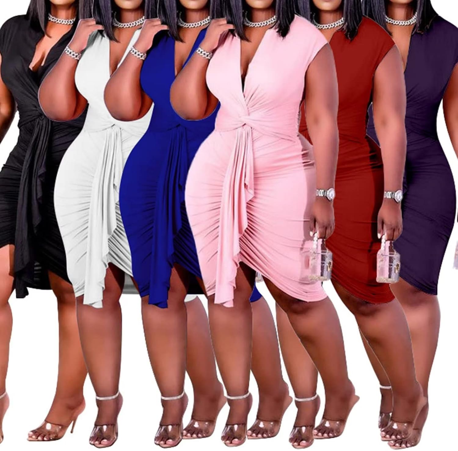 IyMoo Women's Sexy Plus Size Bodycon Sleeveless Drawstring Ruched Mini Club Dresses - Image 4
