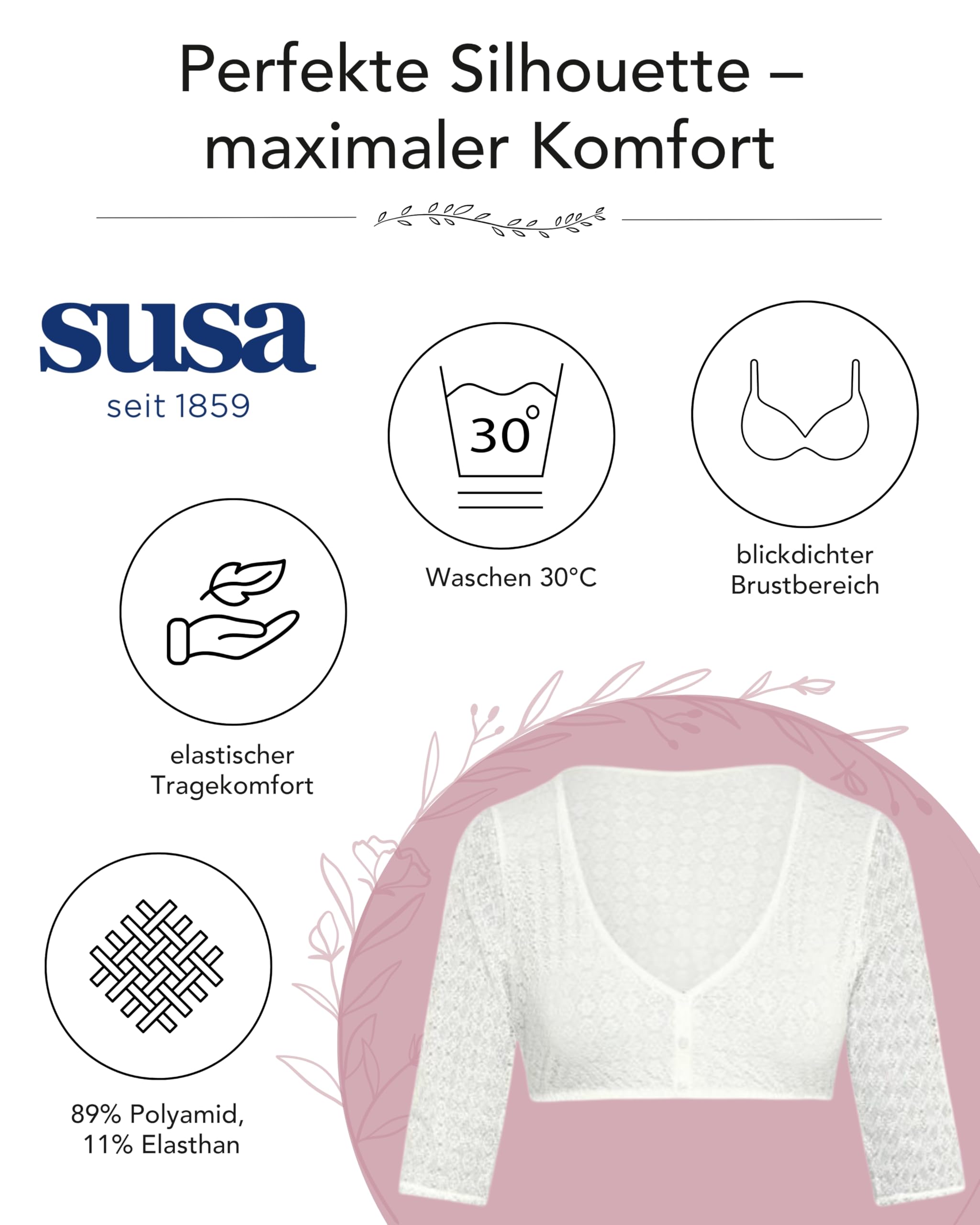 SUSA Damen Dirndlbluse - Größe 32-48 - Mit Spitze & V-Ausschnitt - Elegante 3/4-Trachtenbluse mit Knöpfen - Elastisch & Blickdicht - Ideal für traditionelle Feierlichkeiten & Feste
