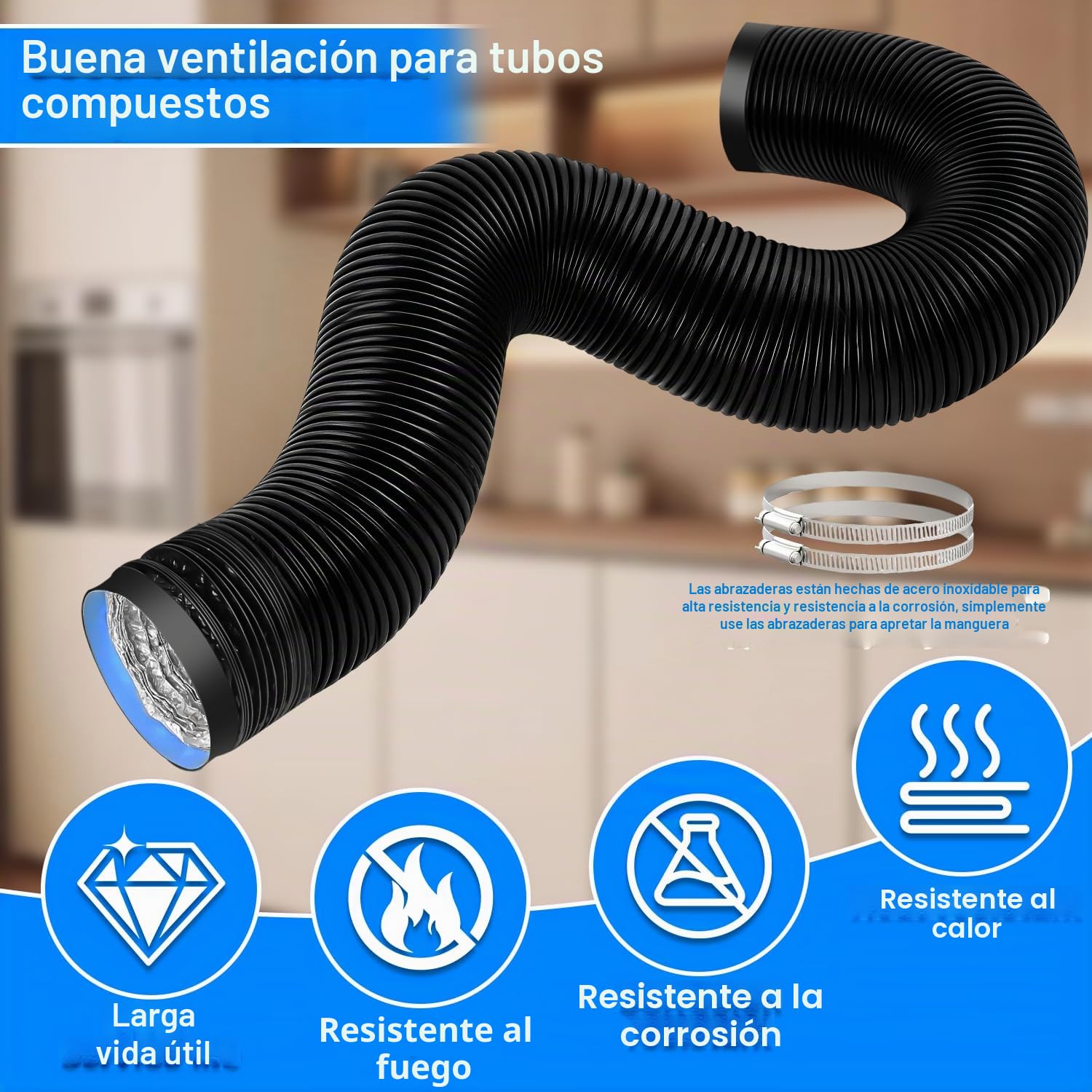 Manguera de Ventilación 153 mm, 3 m Manguera de Escape de Aluminio con 2 Abrazaderas Acero, PVC Conductos de Ventilación para Extractores, Climatizadores, Secadoras, Campanas Extractoras, Negro
