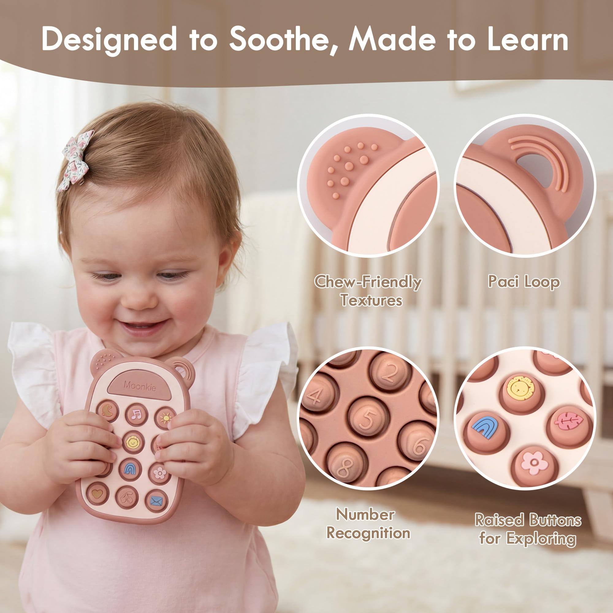 Moonkie Jouet Dentition Bébé, Téléphone Silicone pour Enfant, Pop It Jouets, Anneau Dentition Bebe, Sans BPA, Jeux Eveil, Jouet Bebe 3 Mois+, Cadeau Naissance Garcon & Fille(Blush)