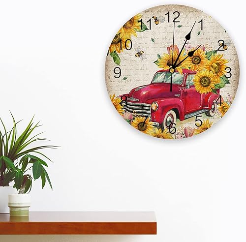 Miniatura 3 de Reloj de pared de 10 pulgadas, silencioso, sin tictac, girasol retro rojo camión de grano de lino, reloj decorativo redondo para sala de estar,