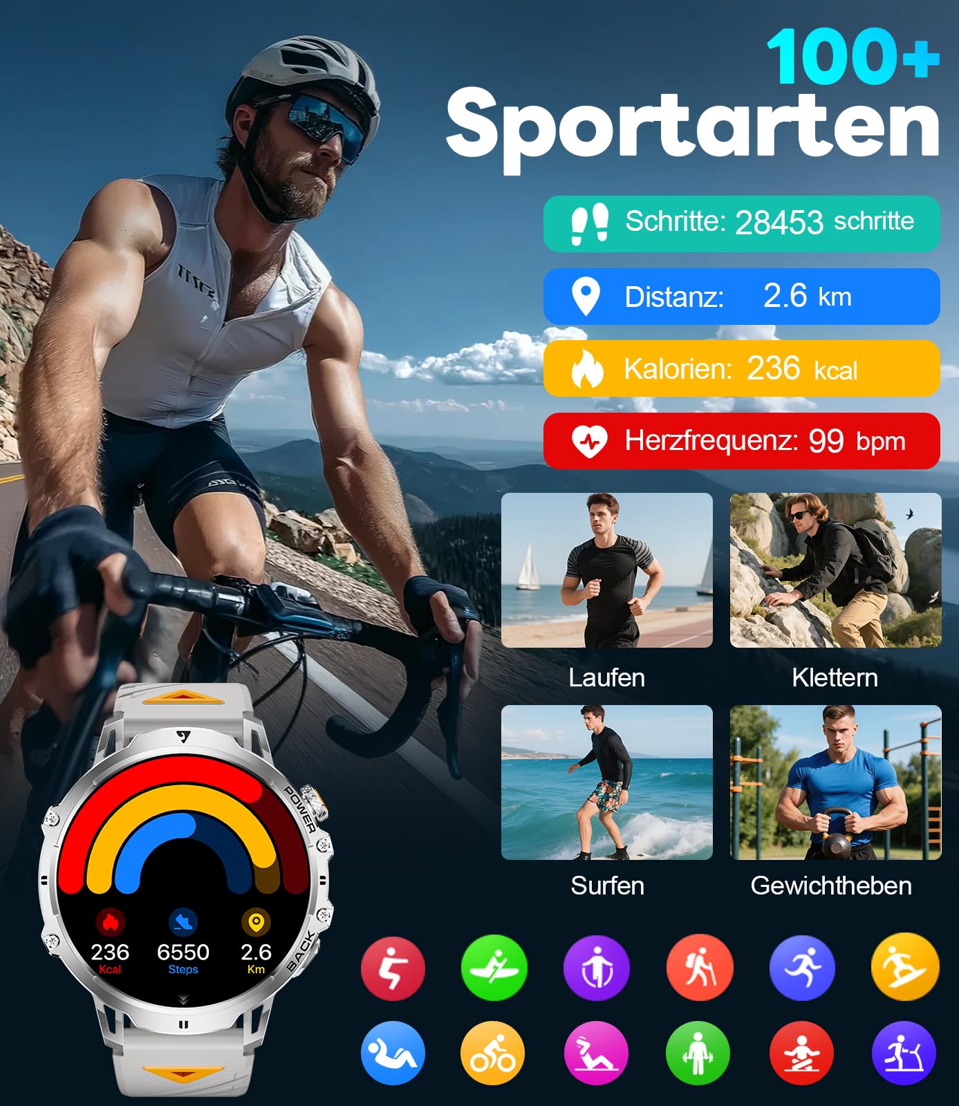 Orologio Smartwatch Uomo con Batteria da 1000 mAh, 1,85'' Ampio Schermo Smart Watch Militare con Torcia LED, Chiamate per Android iOS, Impermeabile IP68, 120 Modalità Sportive Fitness Tracker, Argent