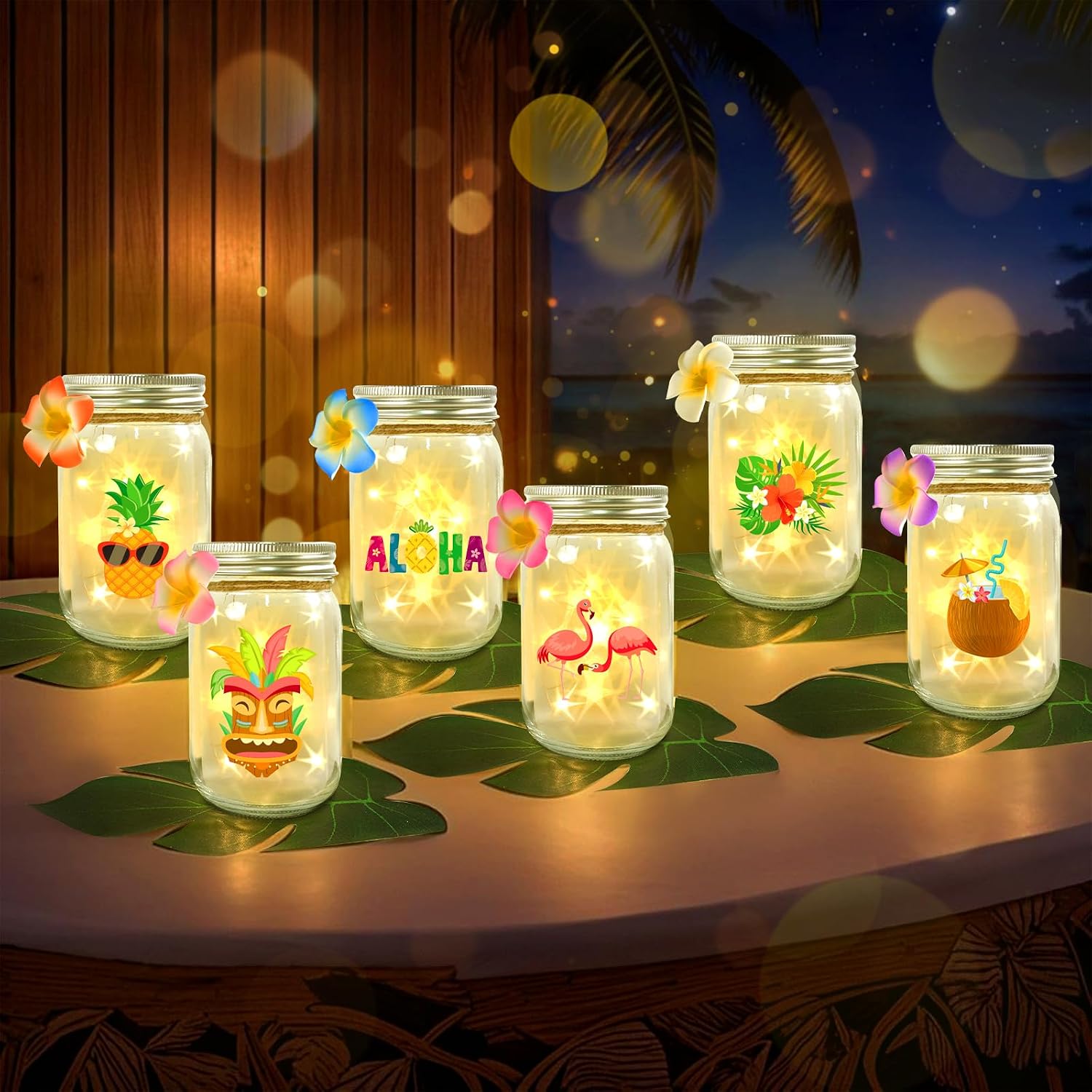Luau Party Decorations Mason Jars Set, 6 Pcs Glowing Mason Jars with Lids Centerpieces Decoration for Table for Hawaiian Luau Summer Pool Beach Party Table Decorations, Hawaiian Centerpieces