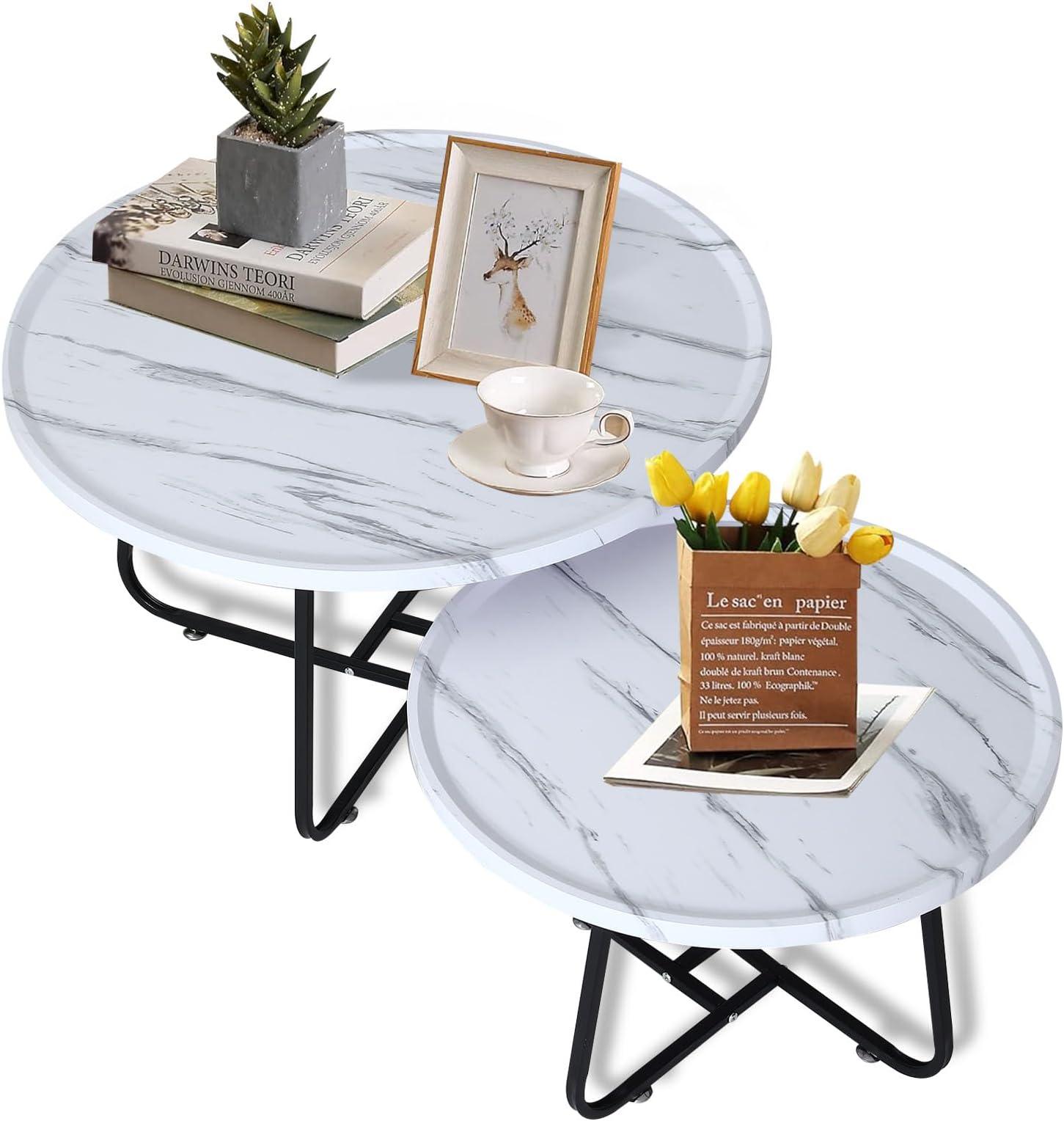 DAYONG Coffee Table Set of 2, Modern Round Stackable End Table Sofa Table, Circle Accent Side Tables for Living Room & Bedroom, Modern Design Home Furniture