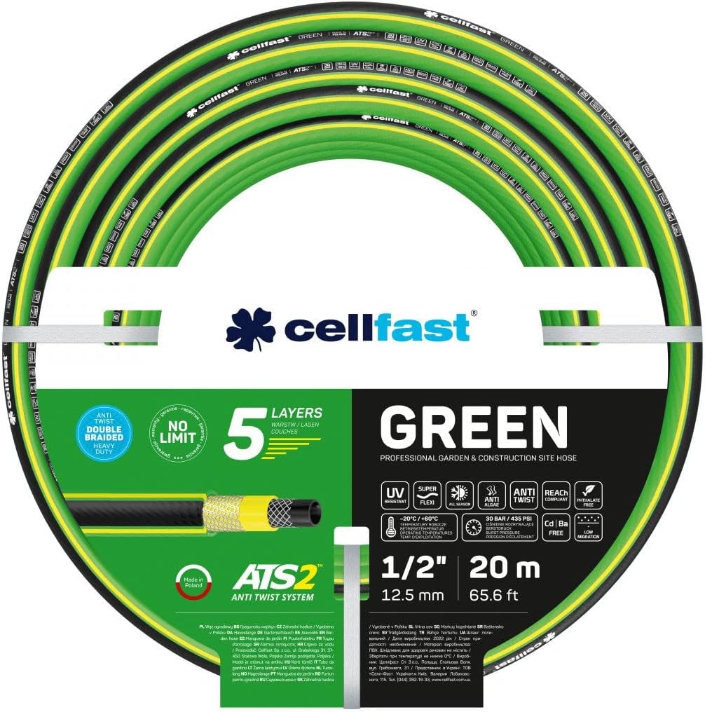 Cellfast Garden Hose GREEN ATS2, Durable, Flexible, 5-Layer, ATS2 Cross Tricot Braid, UV and Algae, Free of heavy metals, 30 Bar, -20/+60°С temp. 1/2", 20m