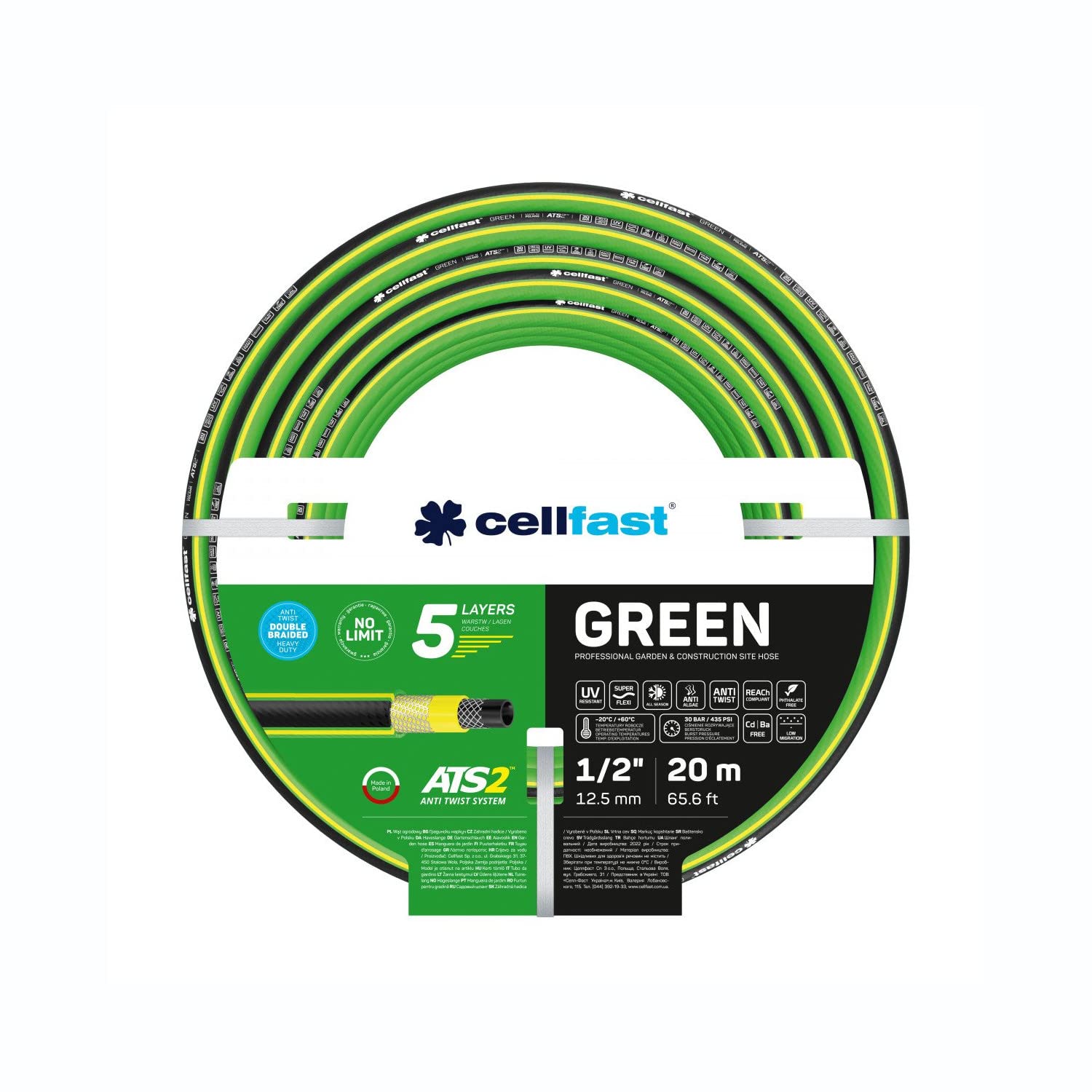 Cellfast Garden Hose GREEN ATS2, Durable, Flexible, 5-Layer, ATS2 Cross Tricot Braid, UV and Algae, Free of heavy metals, 30 Bar, -20/+60°С temp. 1/2", 20m