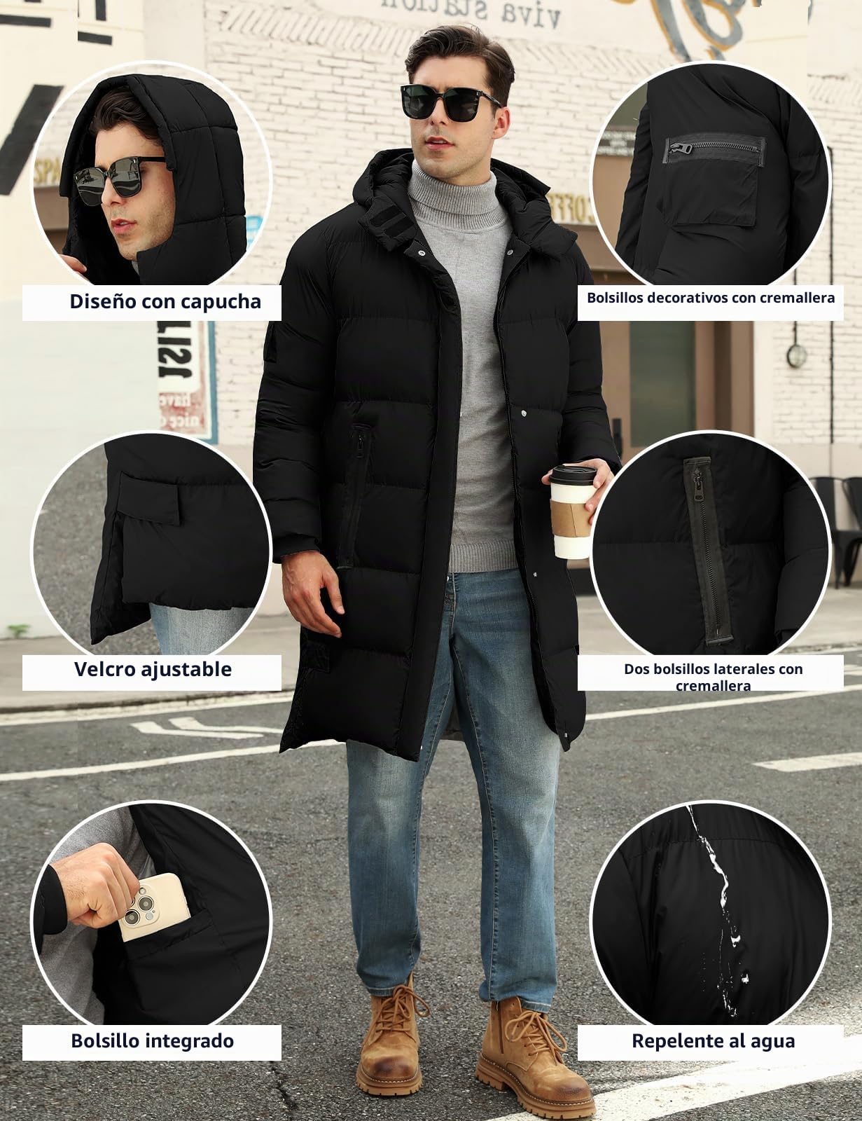 CMTOP Chaqueta Hombre Invierno Largo Cálido Acolchado Algodón Abrigo Casual Elegante Parka con Capucha Gruesa Cremallera Viento Chaquetón Impermeable al Aire Libre Abrigos