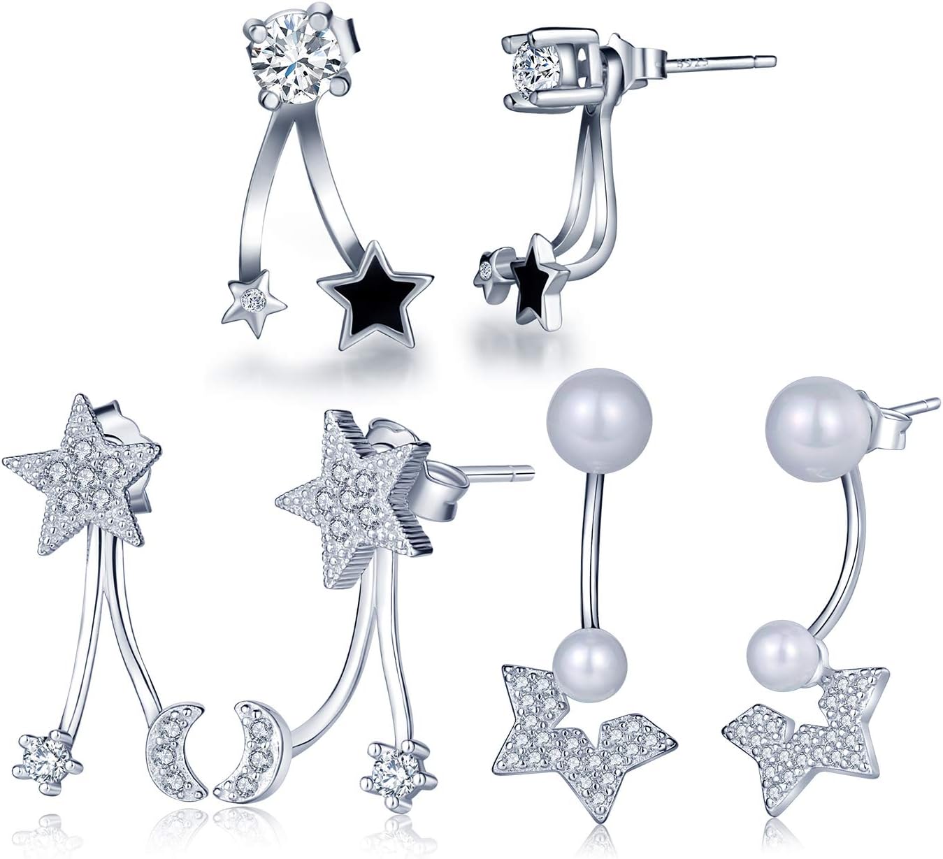 Yumilok Jewelry Women's 3 Pairs 925 Sterling Silver Cubic Zirconia Pearls Moon and Stars Earring Jackets Hypoallergenic Earring Set