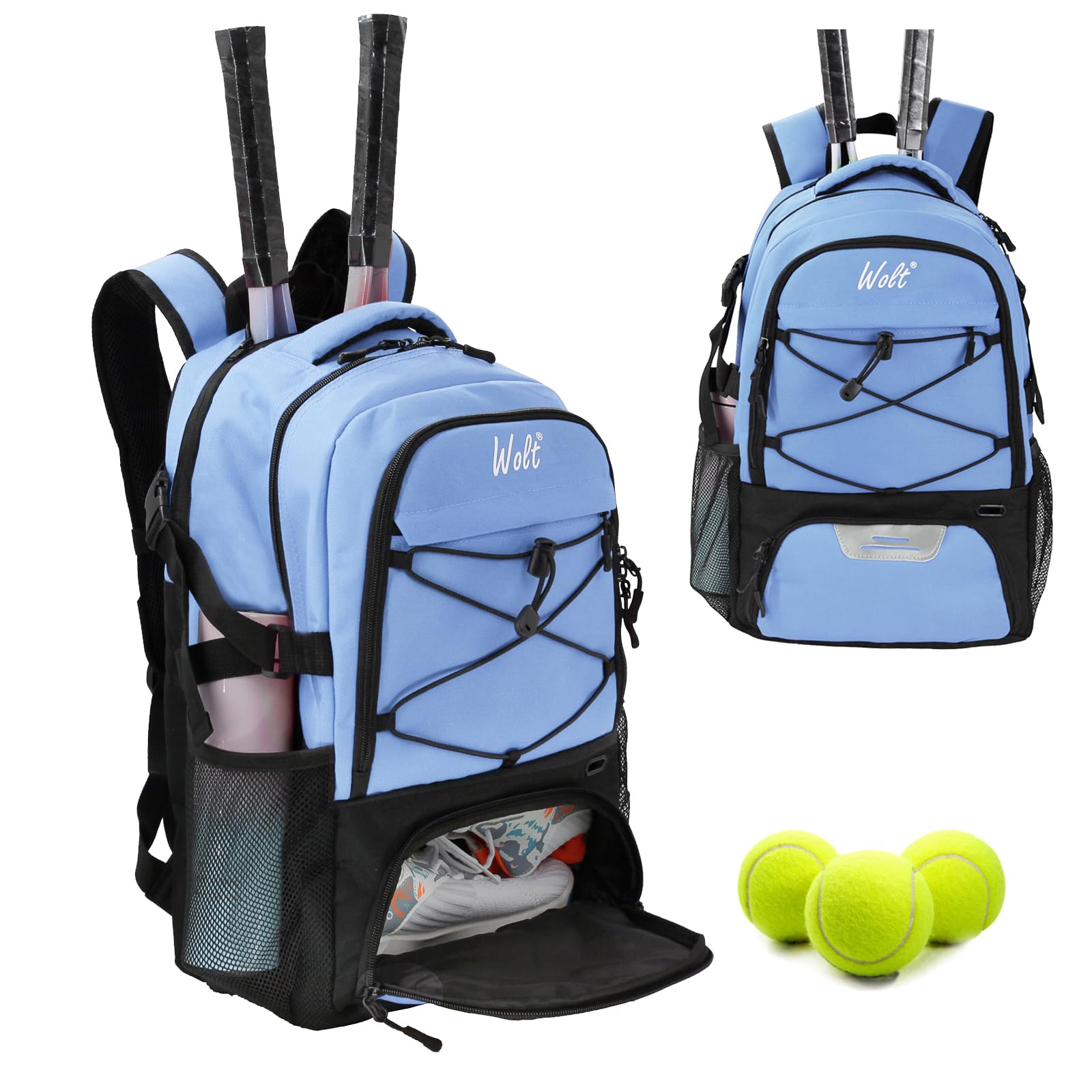 WOLT Tennis Bag Large Tennis Racket Backpack for Women Men, Holds 2 Racquets with Shoe Compartment Fits Badminton Pickleball Squash Racket, Blue