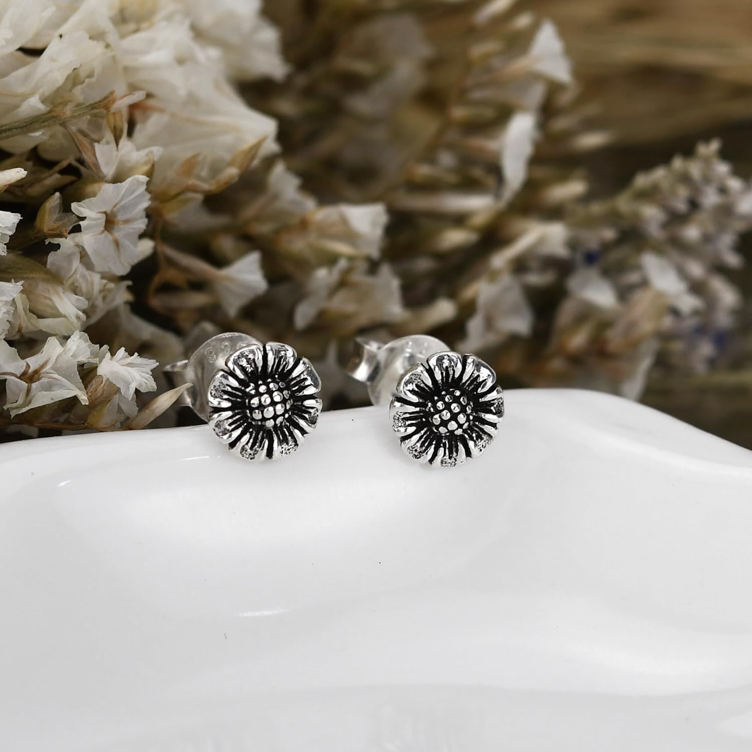 AeraVida Minimalist Sunflower .925 Sunshine Boho Sterling Silver Stud Earrings | Flower Stud Earrings - Image 3