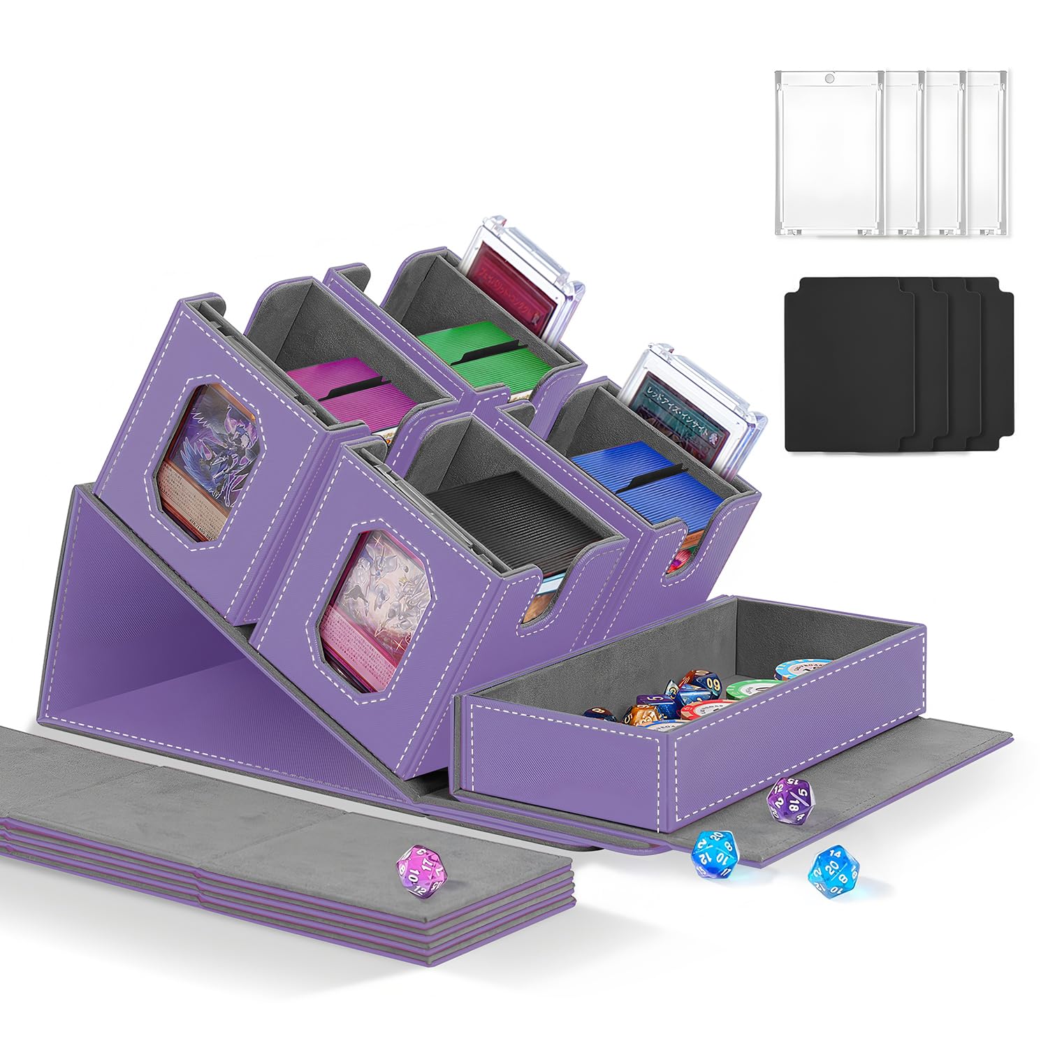 Card Deck Box with Commander for MTG, 5 In 1 Trading Card Storage Box for TCG Magic Game Sport, Fits 400 Double Sleeved with Strong Magnet, Removable (Purple & Grey)