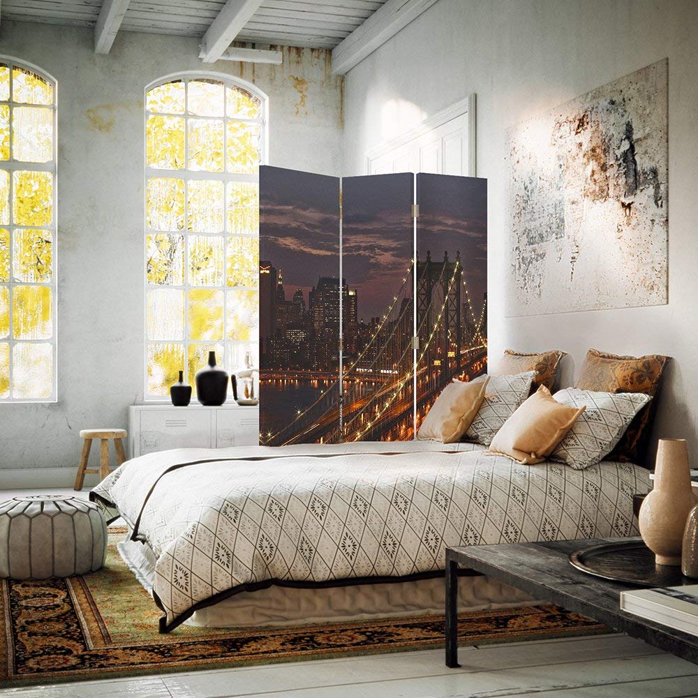 Feeby Paravent New York Manhattan Panorama 3 Panneaux 110x150 cm Seule Côté Cloison de séparation Écran Pliant Paravent Interieur Décoratif Chambre d'enfant Salon Bureau Brooklyn Bridge Brun Orange