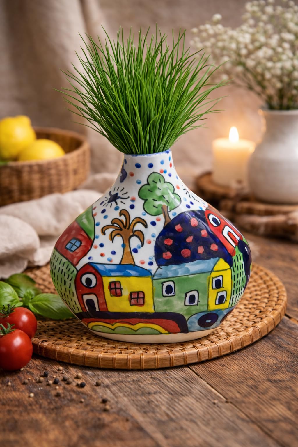 Old Edge Ceramics Hand-Painted Ceramic Vase, Colorful Village House Design with Trees and Polka Dots, White Base, Conical Shape, Modern Home Decor-image-47