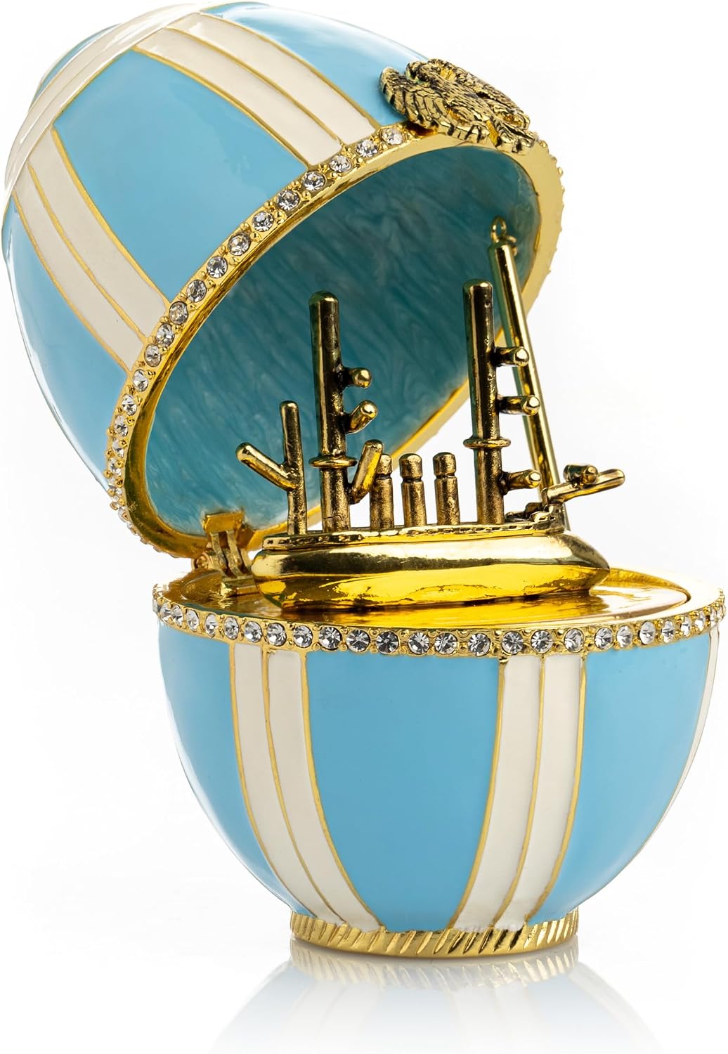 Keren Kopal Turquoise Easter Egg with Yacht Surprise Inside Trinket Box Decorated with Crystals Handcrafted