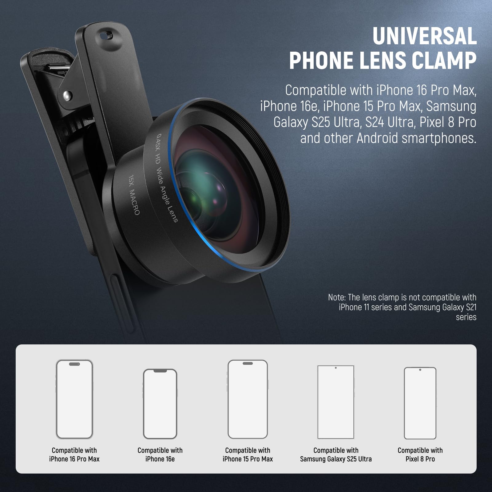NEEWER BASICS Zestaw akcesoriów do aparatu telefonicznego 2 w 1, szeroki kąt HD 0,45 x + 15 x makro, klips do obiektywu, odłączany adapter filtra 17 mm do 37 mm, pierścień kompatybilny z iPhone'em