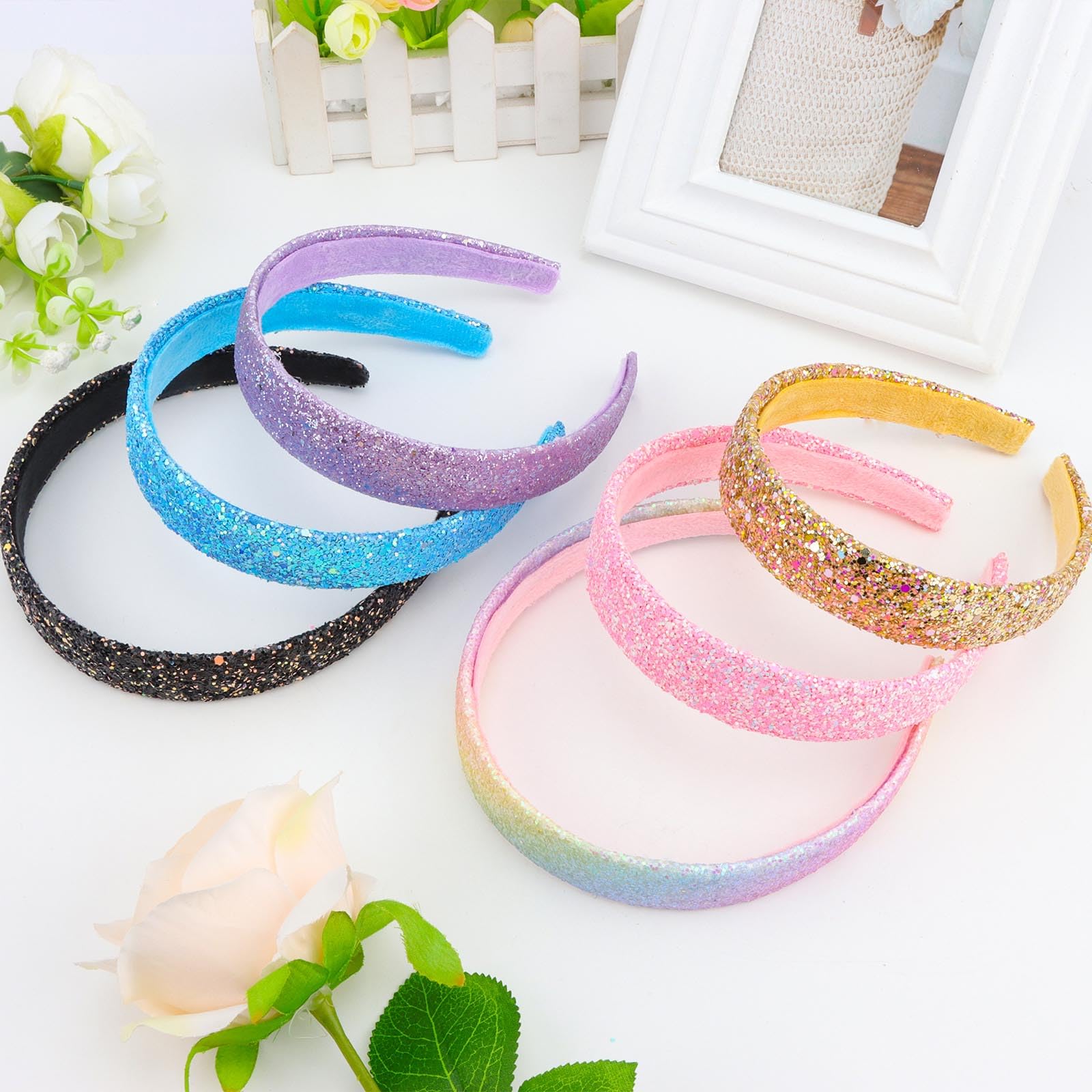 Diademas para niñas, 6 diademas con purpurina arcoíris para mujeres y niñas, diadema brillante dorada, rosa, azul, morado, diademas brillantes para niñas, accesorios para el cabello para