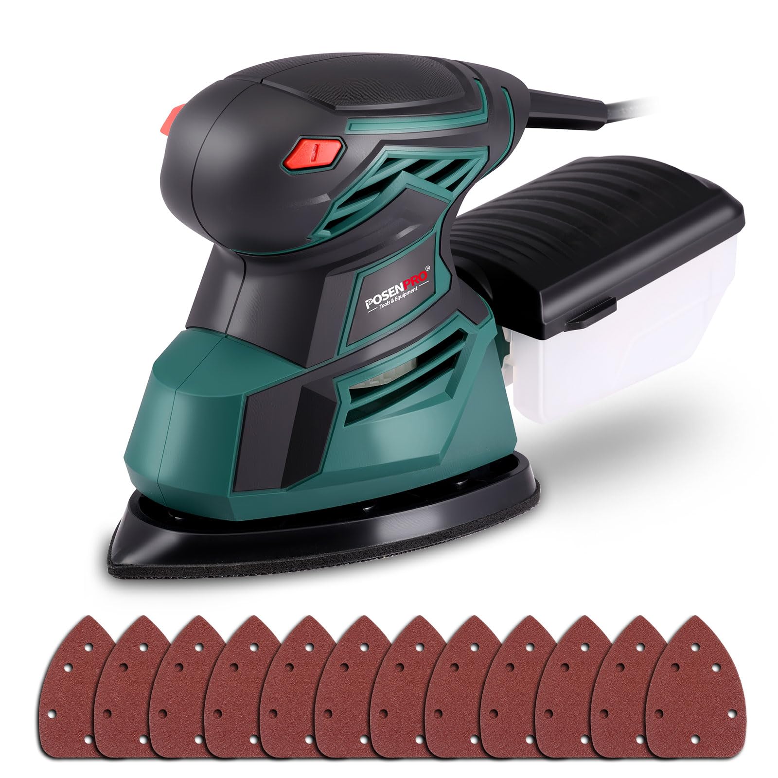 Ponceuses de Détail, POSENPRO 130W Ponceuse Electrique 13500 tr/min, Ponceuse Triangulaire avec Dépoussiéreur et 12 Abrasifs, Ponceuse Bois Parfaite pour les Bois et Acier