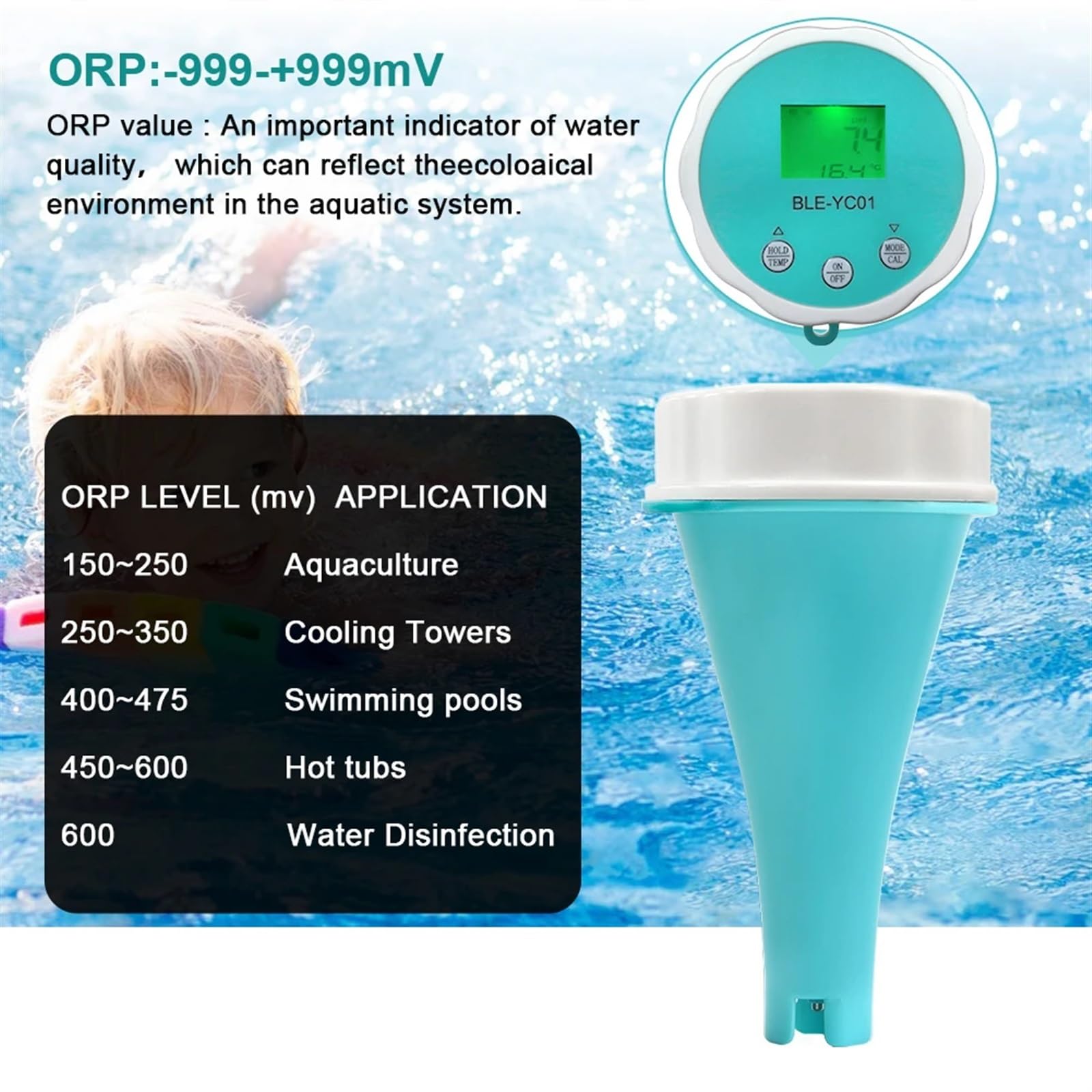 Rilevatore di qualità dell'acqua 6 in1 PH EC TDS ORP CL Calibrazione della temperatura Tester dell'acqua for cloro APP Monitor online for piscina,Giardino,Prato,Interno,Uso esterno