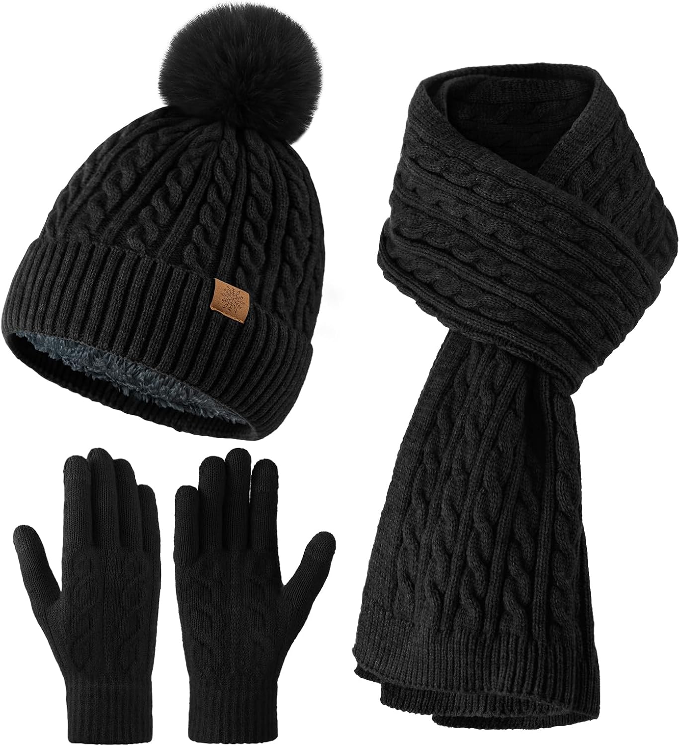 Women’s Winter Beanie Hat Scarf Touchscreen Gloves Set, 3Pcs Warm Gift Set