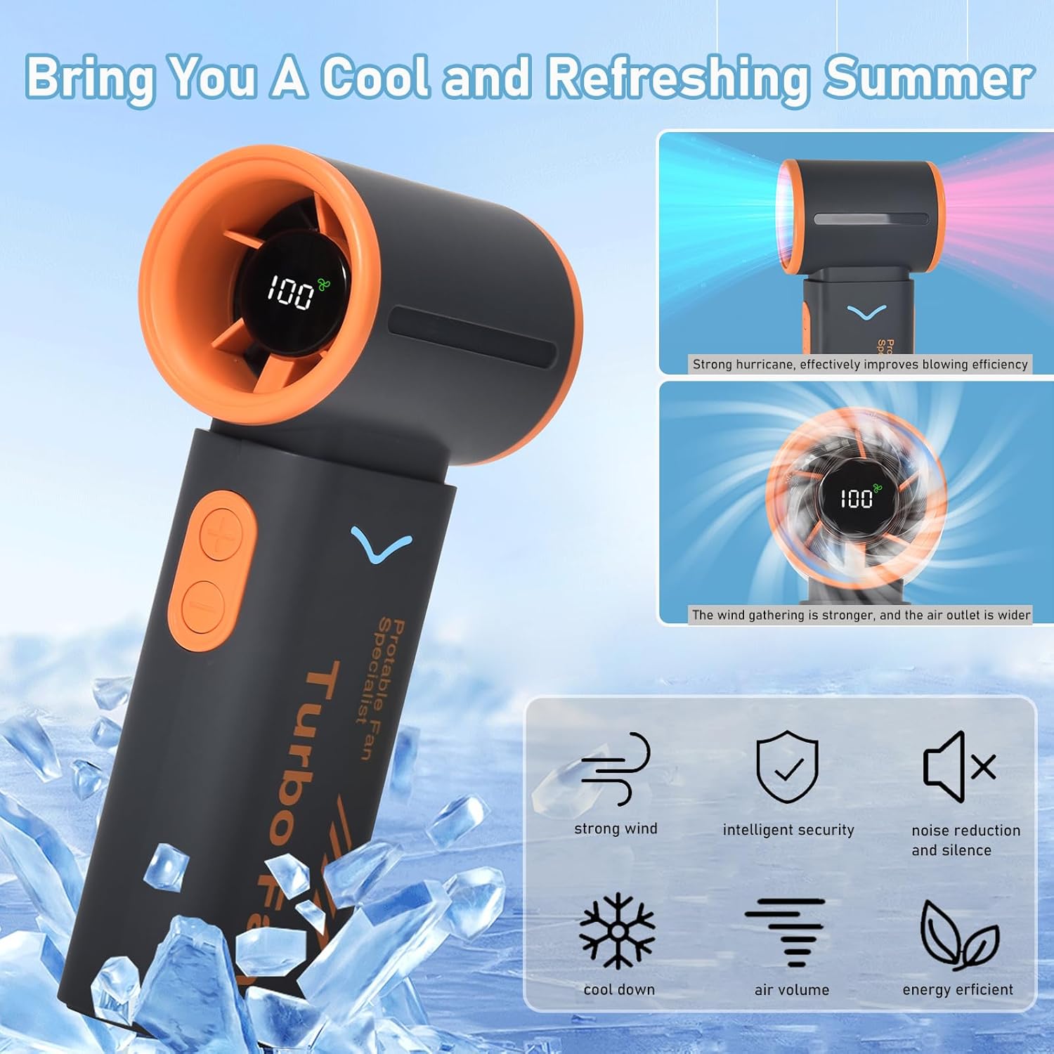 Portable Handheld Turbo Fan Rechargeable - 3000mAh Mini Personal Fan, 20H Max Cooling Time, 5-Speed Wind, Battery Operated Small Pocket Fan for Travel, Outdoor, Beach Vacation, Office & Camping