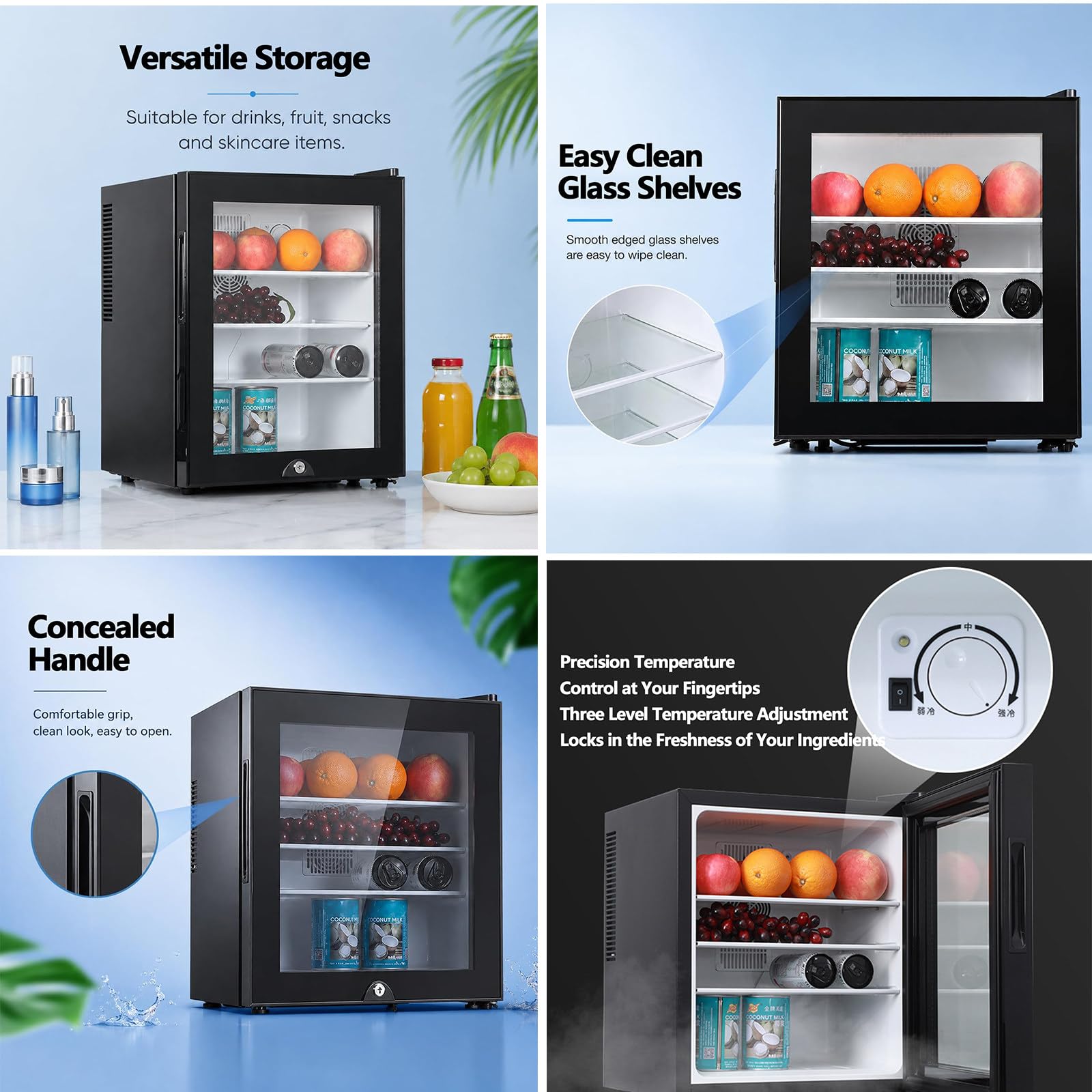 Mini Puerta De Cristal para Nevera con Cerradura para Habitaciones De Hotel,Dormitorios,Acero Inoxidable,Ahorro De Energía,Bajo Ruido,Nevera Compacta para Refrescos,Cerveza,Vino 40L