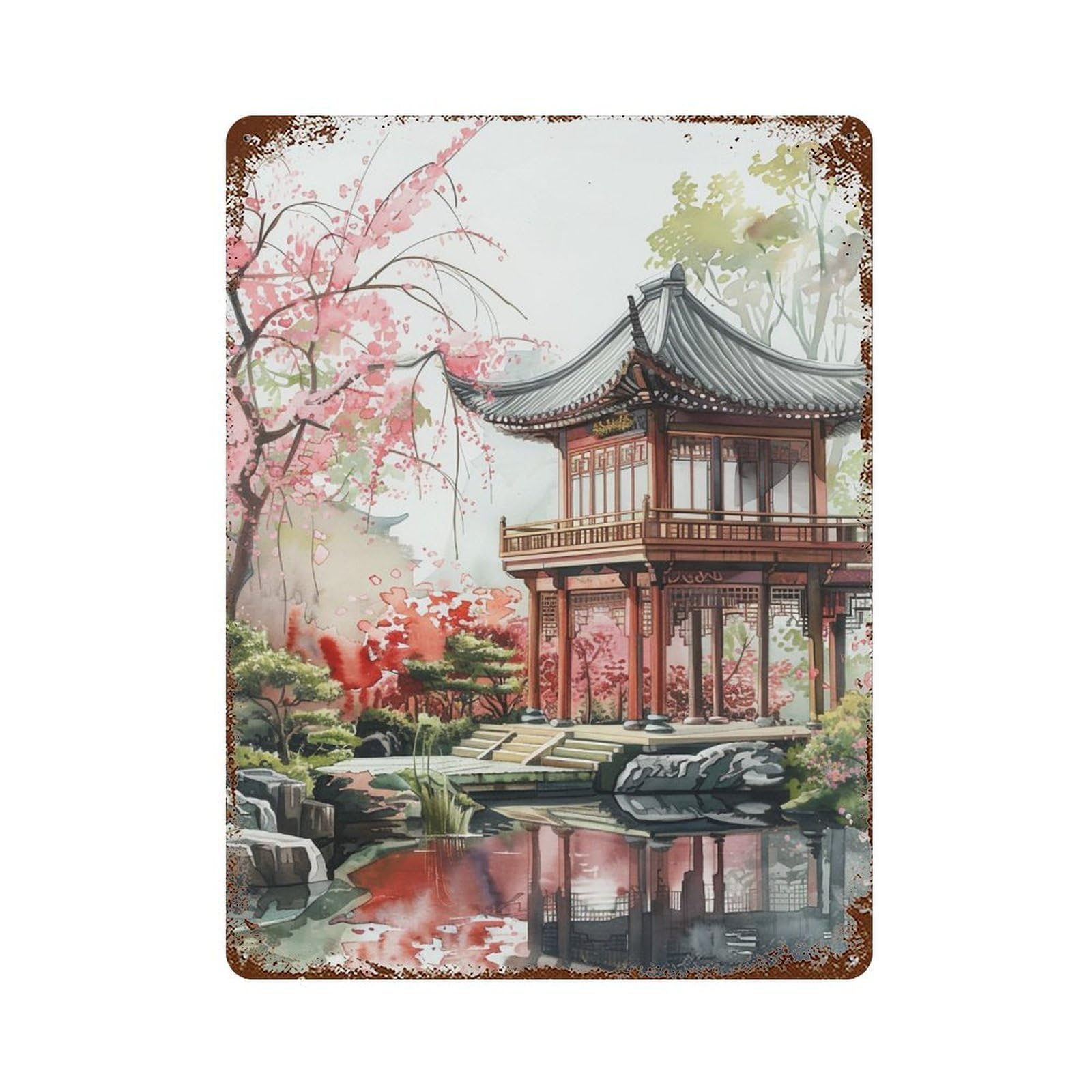 HDURYEYRYY Garden Pond Teahouse 04 Wall Retro Iron Vintage Art Metal Tin Sign Poster Modern Home Cofffee Club Art Bar Shop Decor Style 40x30cm