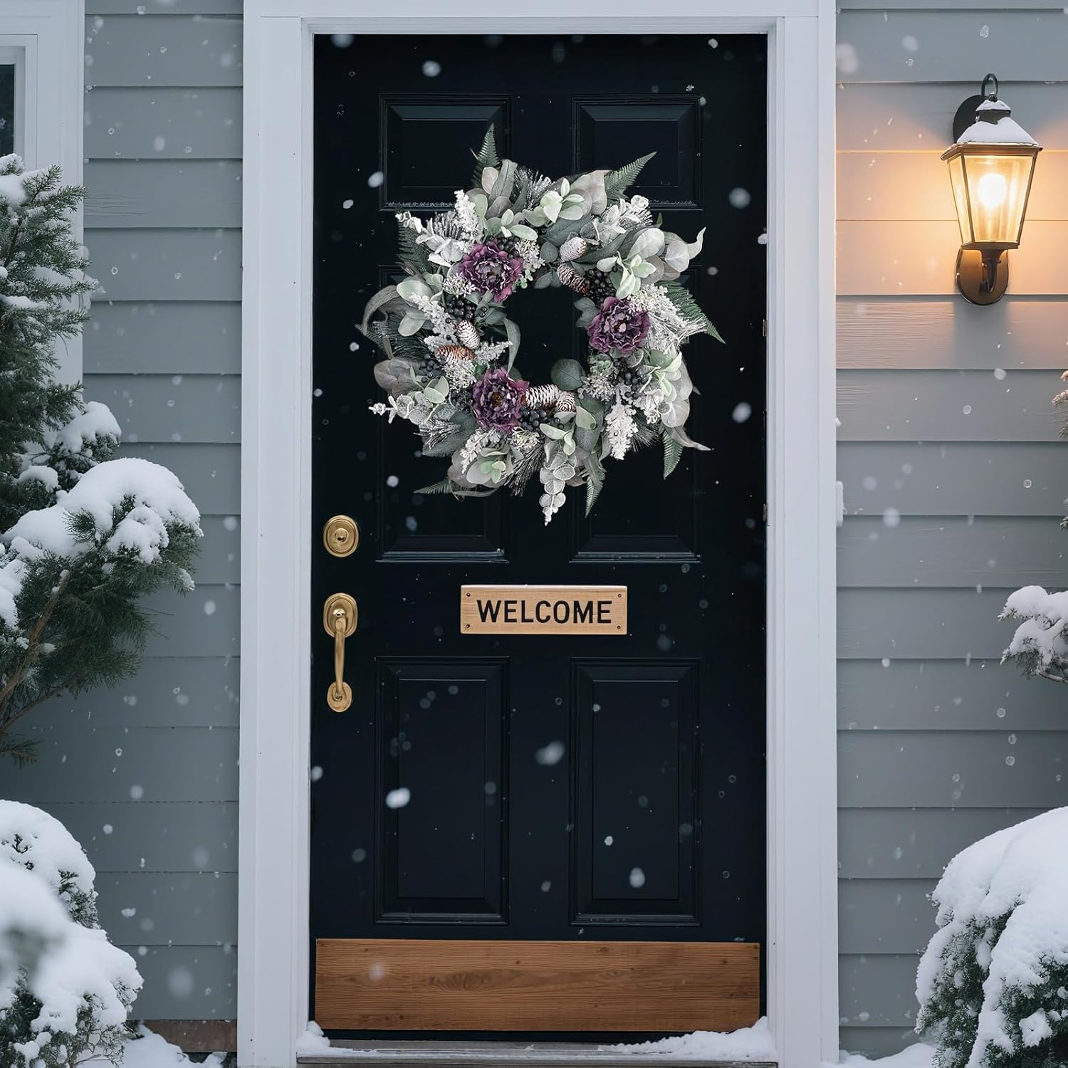 Winter Wreaths for Front Door Outside,Purple Peony Christmas Door Wreath with Pine Cones,Berries,and Frosted Eucalyptus,24 Inch Artificial Christmas Wreath Winter Door Decor