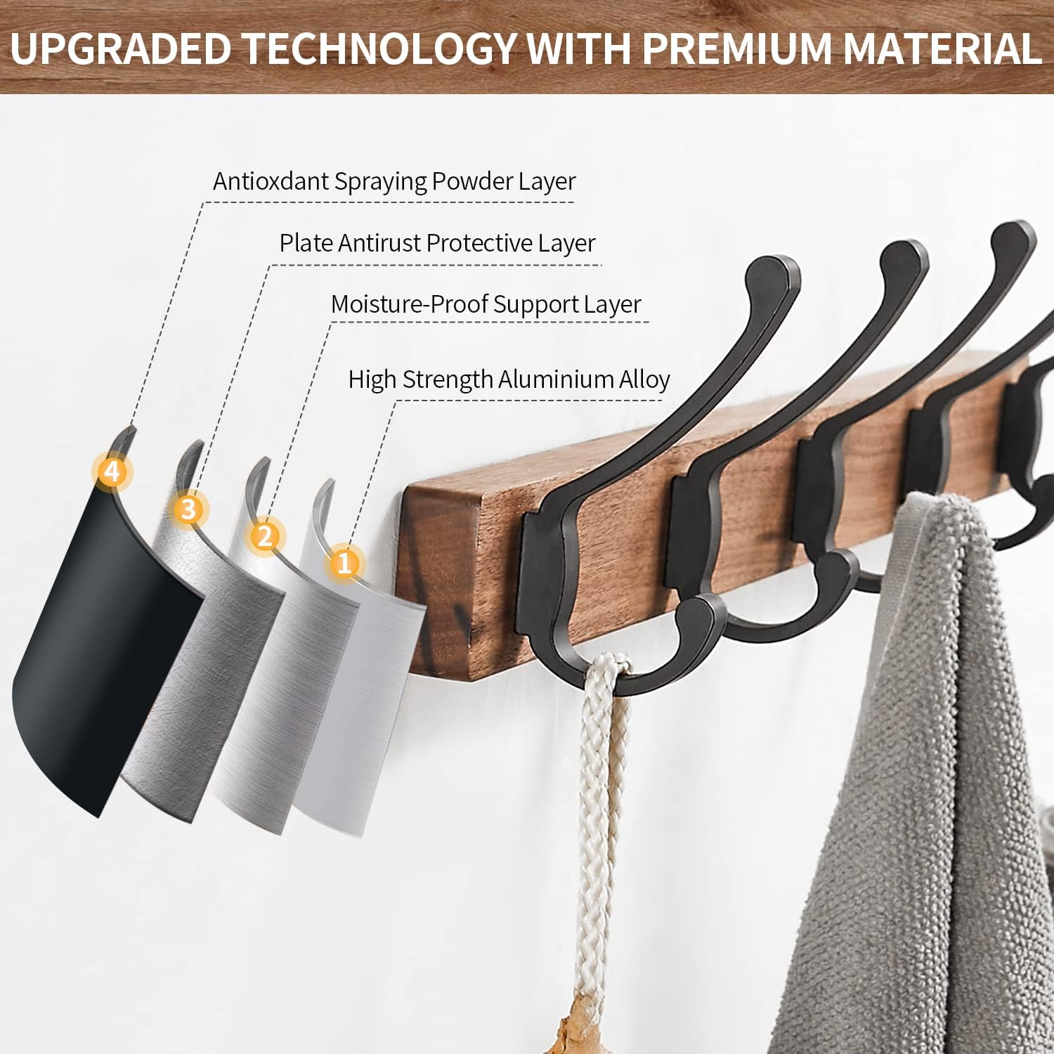 Coat Rack Wall Mounted, Heavy Duty Walnut Wood Hook Rack Rail with 5 Double Dual Metal Wall Hooks for Hanging Coats, 19.7" Long Hanging Coat Hanger for Entryway, Bathroom, Bedroom (Black) image 2