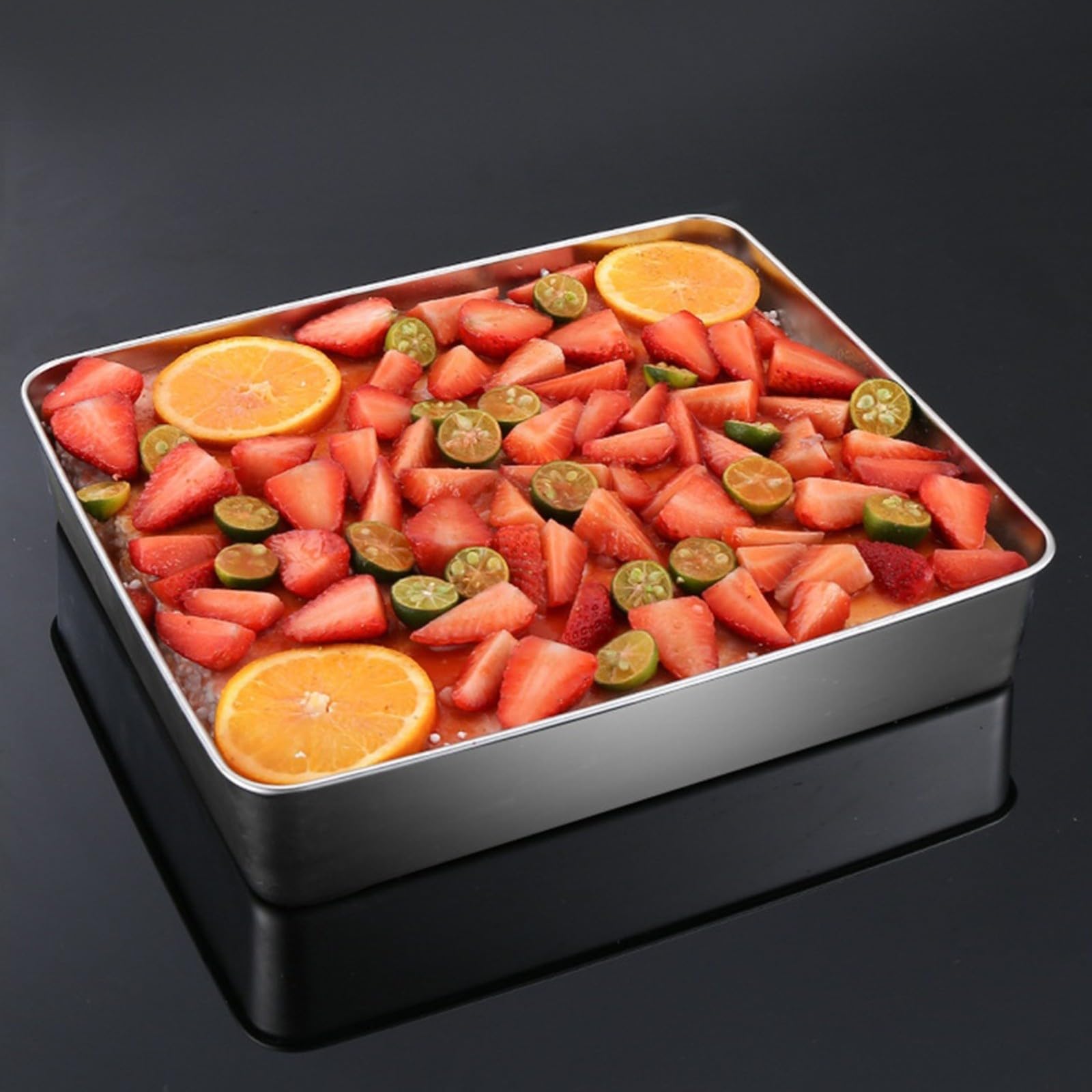 Molde para tartas de acero inoxidable con tapas transparentes, bandeja rectangular para hornear lasaña, brownies, 33 cm/44 cm, plateado, apto para lavavajillas (44 x 29 x 6.5)