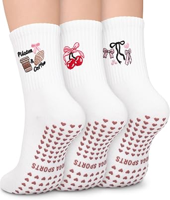Pilates Socks for Women, Cute Non-Slip Grip Crew Socks for Yoga, Barre, Hospital, Barefoot Workout