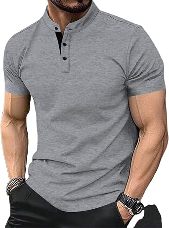 Mens Fashion Polo Shirt Short Sleeve Henley Shirt Golf Polo Shirts Active Athletic Collarless Sports T Shirts for Men