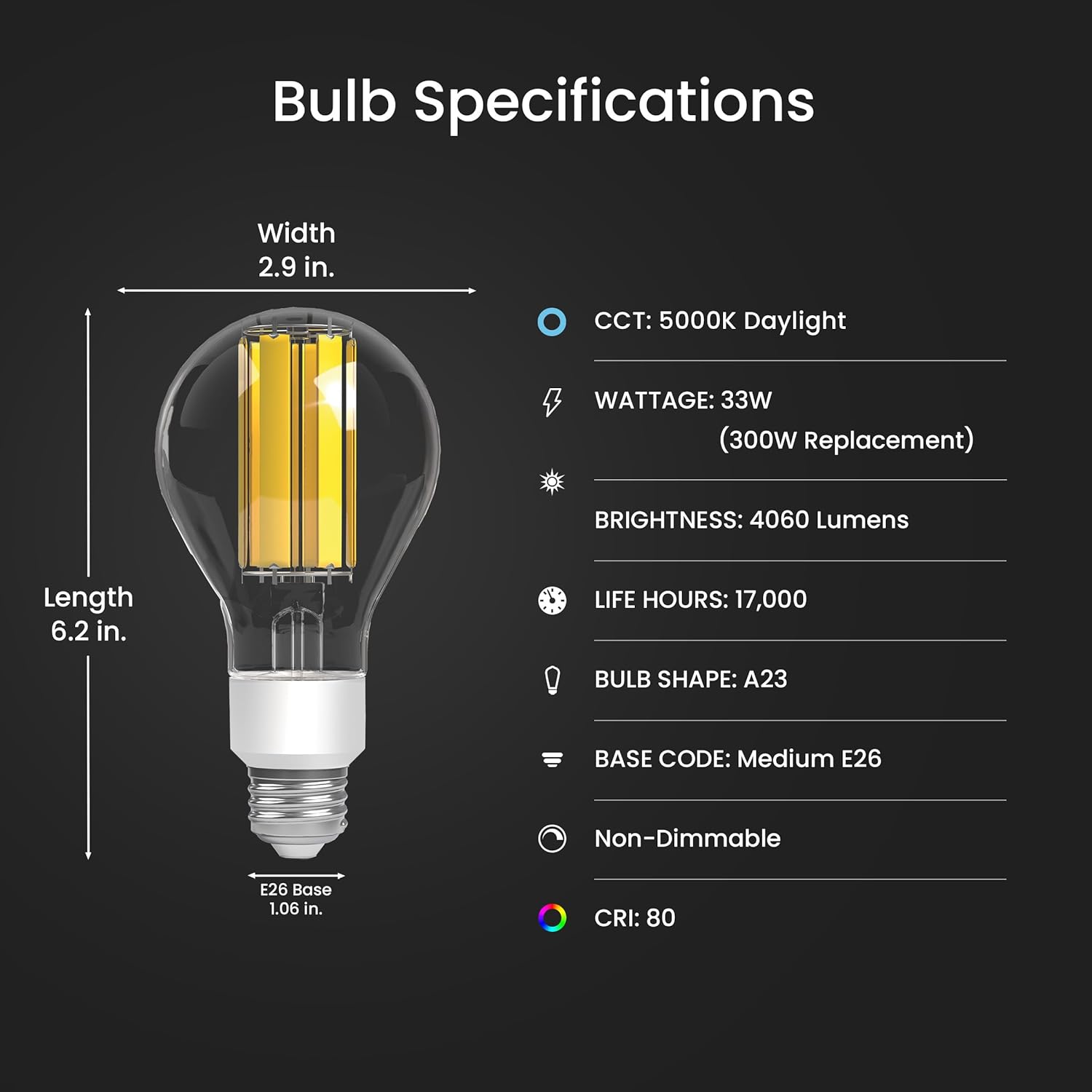 Feit Electric High Lumen A23 LED Light Bulb, 33W (300W Equivalent), 4060 Lumens, 5000K Daylight, Clear Glass, 17,000-Hour Lifetime, Ideal for Commercial or Residential Use, OM300/CL/850/FIL