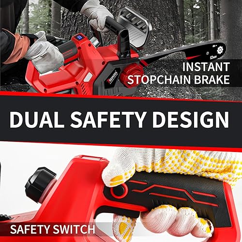 Miniatura 4 de Sierra de cadena eléctrica inalámbrica de 21 V, potente motosierra sin escobillas de 12 pulgadas para cortar madera, podar árboles y mucho más