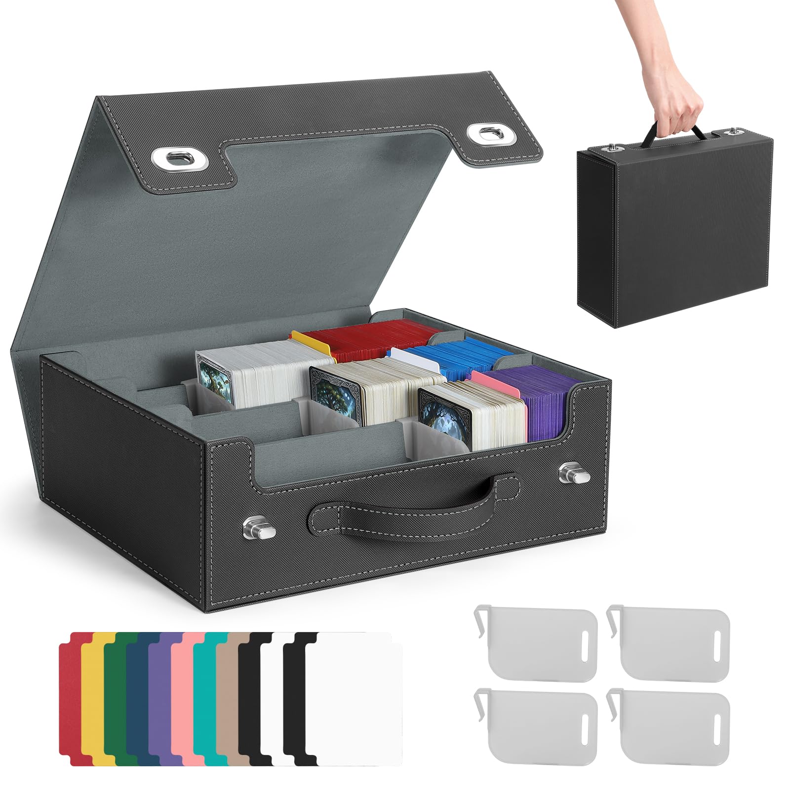 Euqvunn TCG Deck Box with Handle & Twist Lock, Holds up to 2100 Single-Sleeved Trading Cards, Includes 4 Card Supporters & 12 Dividers for Easy Organization, Fits 63 x 88mm Cards